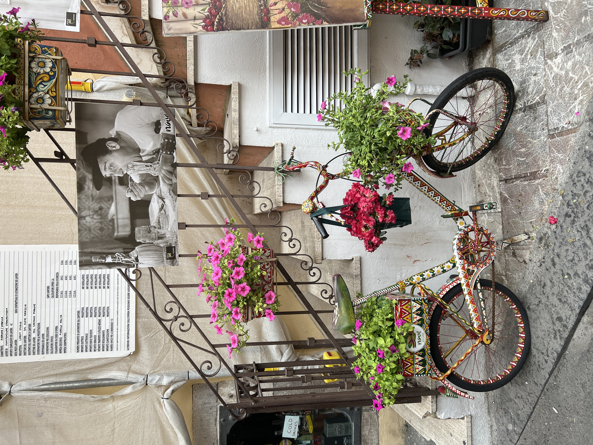 The image captures a vibrant scene in Taormina, Italy, featuring a brightly decorated bicycle laden with pink petunias and red flowers. The bicycle is positioned on a stone-tiled street, with a weathered staircase and a wall adorned with a black and white photograph of a man eating spaghetti behind it. To the left, a shop window displays bottles and a sign reading "COLD DRINKS." The overall atmosphere suggests a charming, picturesque street in a Mediterranean town, likely a tourist area.