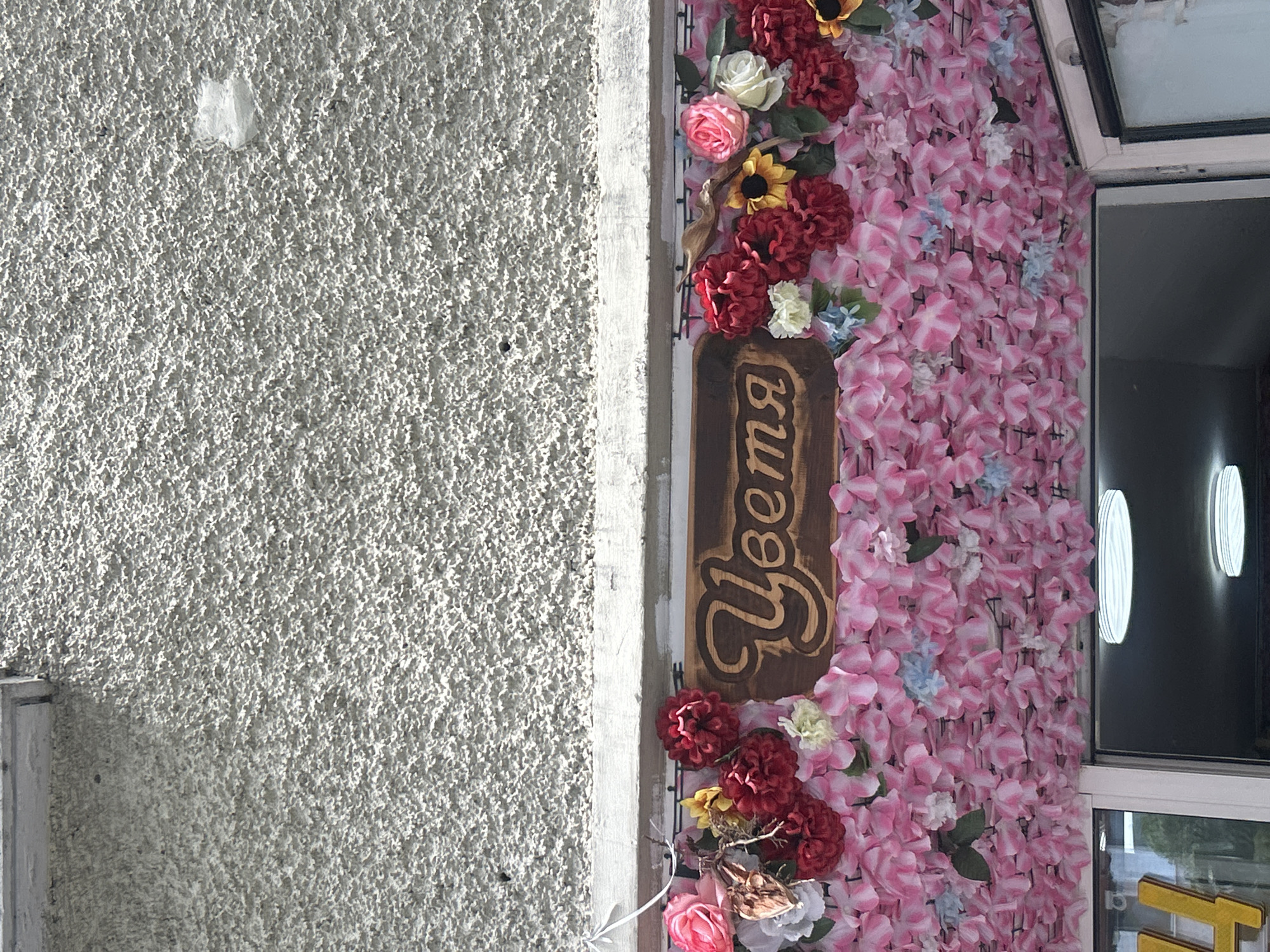 The image captures a vibrant and decorated building exterior, likely a storefront, in Shumen, Bulgaria, observed during daytime.
On the left side, a light-colored building wall exhibits a coarse, textured stucco finish. A small, irregular white speck is visible on its upper portion. Adjacent to this wall, a lively display of artificial flowers creates a colorful facade.
A vertical, dark wooden sign with carved text in Cyrillic is centrally placed within this floral arrangement. The text clearly reads "Цветя" (Tsvetia), which translates to "Flowers" in Bulgarian, strongly suggesting the establishment is a flower shop or a business with a floral theme.
The sign is embedded within a dense backdrop of artificial pink petals, which cover a significant portion of the wall to its right. Interspersed among these are larger artificial flowers in a variety of colors, including deep red, bright yellow (resembling sunflowers), crisp white, and delicate light blue, along with some green foliage.
On the far right of the image, a window with a dark frame is partially visible. It reflects several light-colored, oval or circular shapes, possibly interior lighting or external objects. The overall impression is one of a cheerful, welcoming, and visually appealing business entrance under clear daylight conditions.