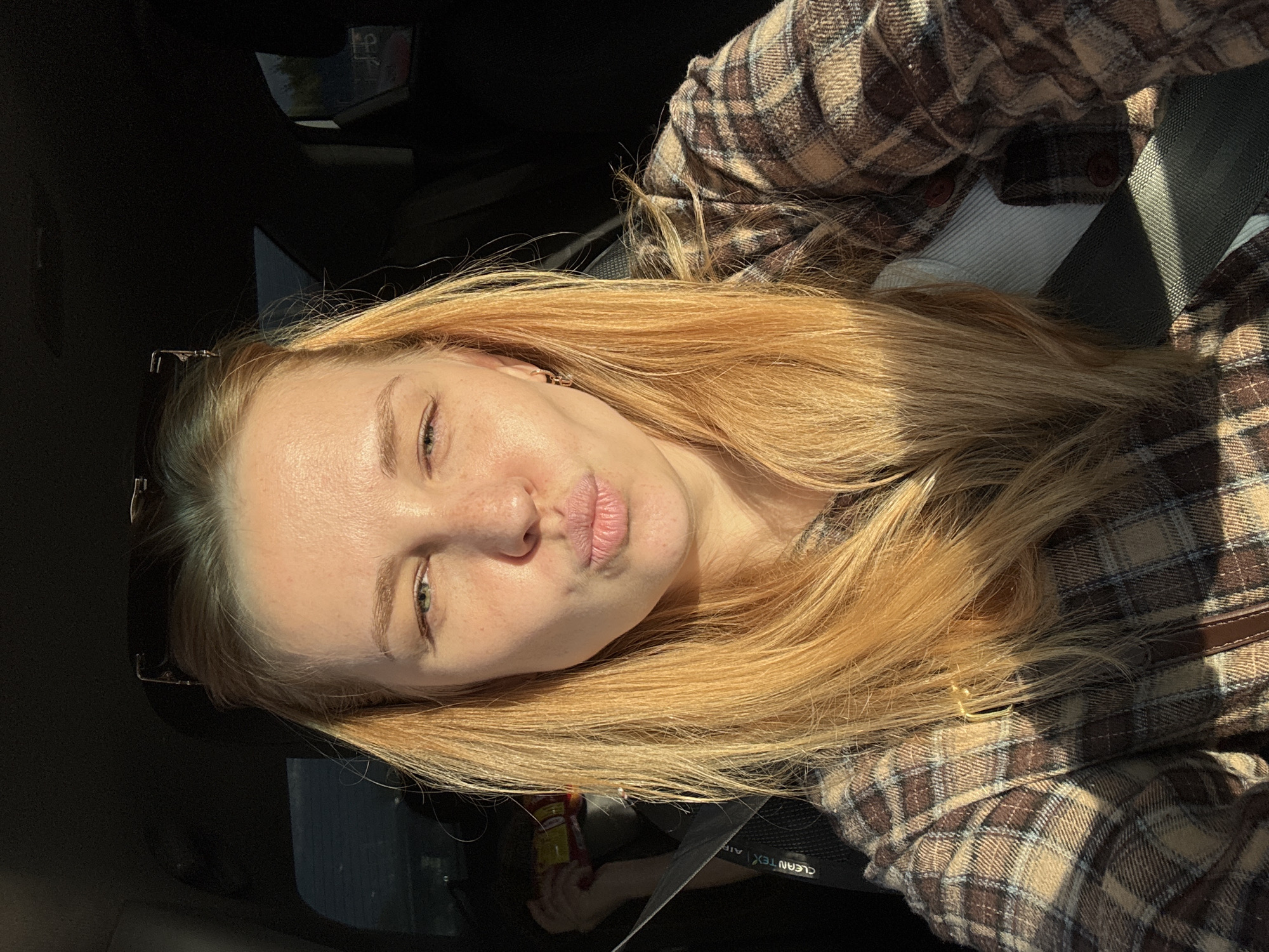 The image depicts a woman with light complexion and strawberry blonde hair, wearing a brown plaid shirt. She is positioned inside a vehicle, with the seat belt visible across her torso. The lighting indicates it is daytime. No explicit indicators suggest the location is Podosenikha, Russia.