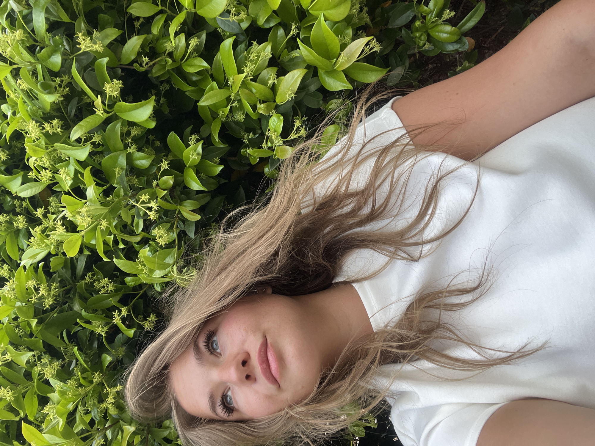A young woman is lying down, presumably on the ground, with dense green vegetation surrounding her on the left side of the frame. She has long blonde hair, fair skin, and light-colored eyes. She is wearing a white t-shirt. Her gaze is directed upwards towards the camera. The vegetation appears to be a flowering bush or hedge with small, light green flowers. The overall lighting suggests it is daytime. Based on visual cues alone, it's not possible to determine if the scene is in Budva, Montenegro, or any specific location. There are no landmarks or characteristic architectural elements visible to confirm this.