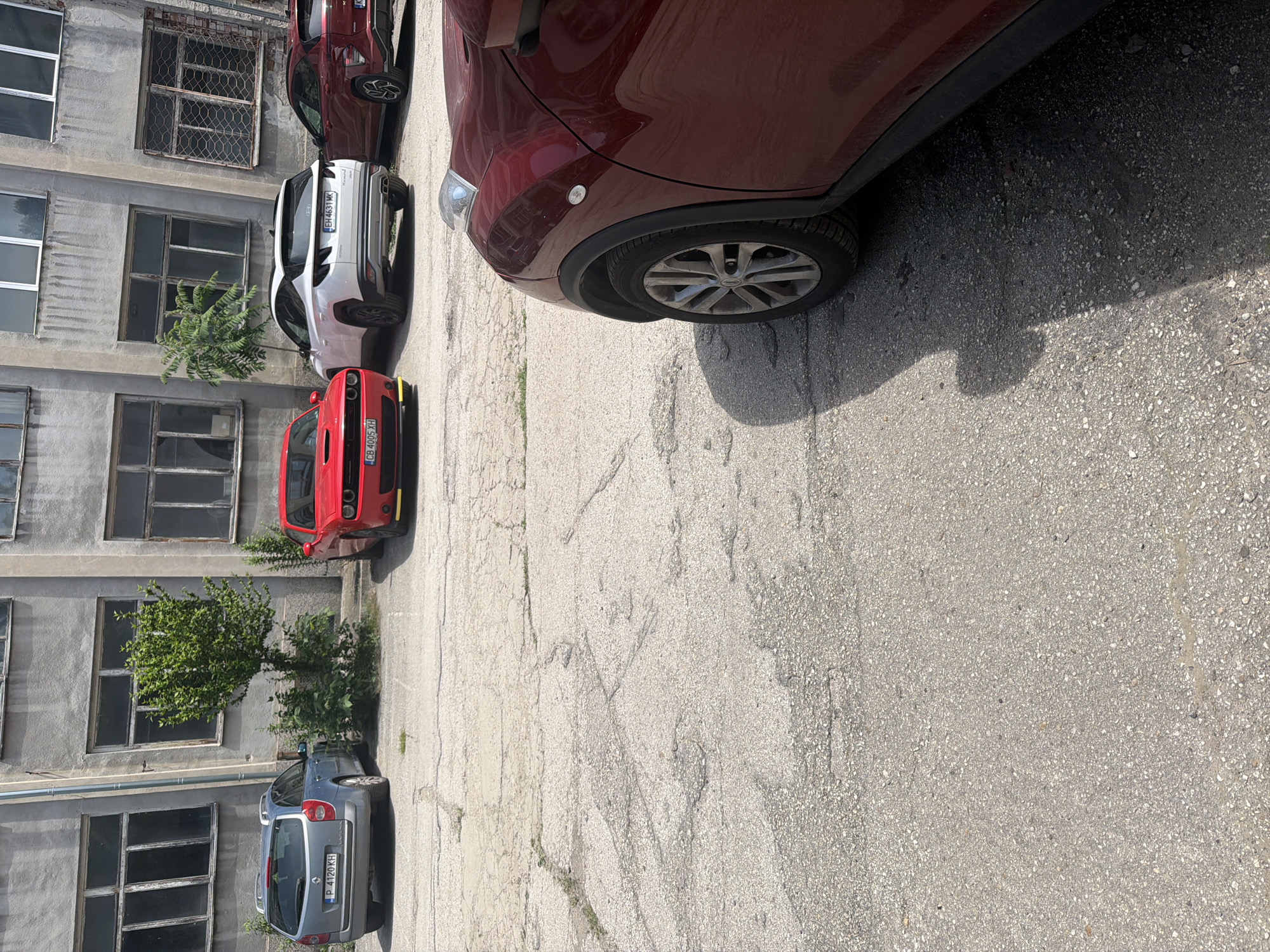The image depicts a street in Dolna Mitropolia, Bulgaria, featuring several parked cars. A gray Renault, registration number P 4120 KH, is parked near a building with multiple windows and a small tree. Further along, a red Dodge Challenger, registration number CB 4005 XH, is parked next to another small tree. A white Hyundai, registration number EH 4631 HK, is parked in line, followed by a red car, and a section of another red car is visible in the foreground. The street appears to be made of cracked concrete. The building beside the parked cars appears to be an older structure with multiple windows.