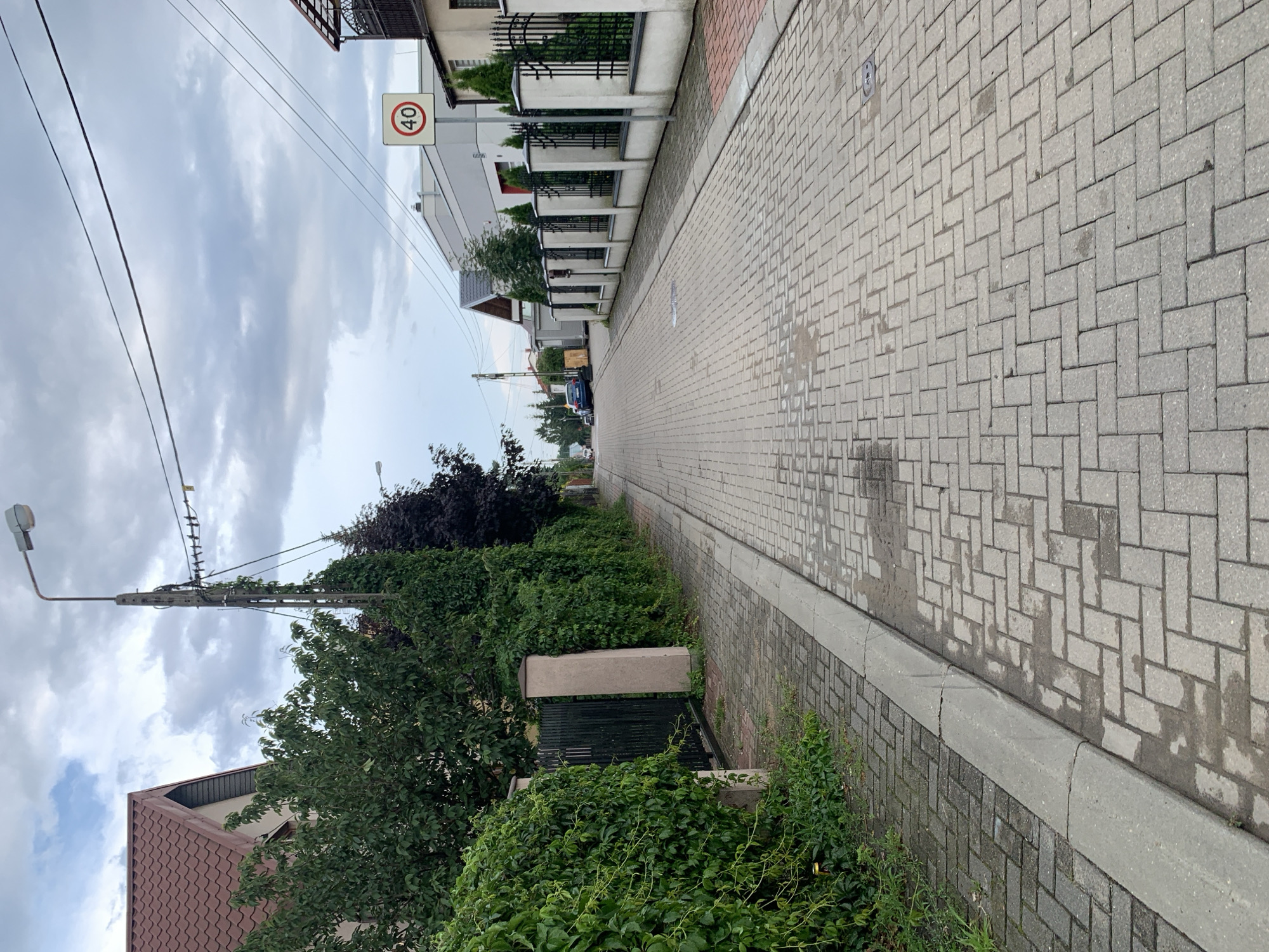 The image shows a view down a residential street in Białystok, Poland. The street is paved with light-colored interlocking brick pavers, which are slightly wet in places. A concrete curb runs along the left side of the street, adjacent to a sidewalk also paved with the same brick pavers. On the left side of the street, there is a property bordered by a black metal fence and a tall, dense hedge covered in ivy. Further down the street, on the right side, a white stucco wall with a black metal fence and decorative pillars runs along another property. A speed limit sign indicating 40 km/h is visible on a pole on the right side of the street. A dark blue car is parked on the side of the street further down, and a street lamp is visible on a utility pole. The sky is overcast with gray clouds.