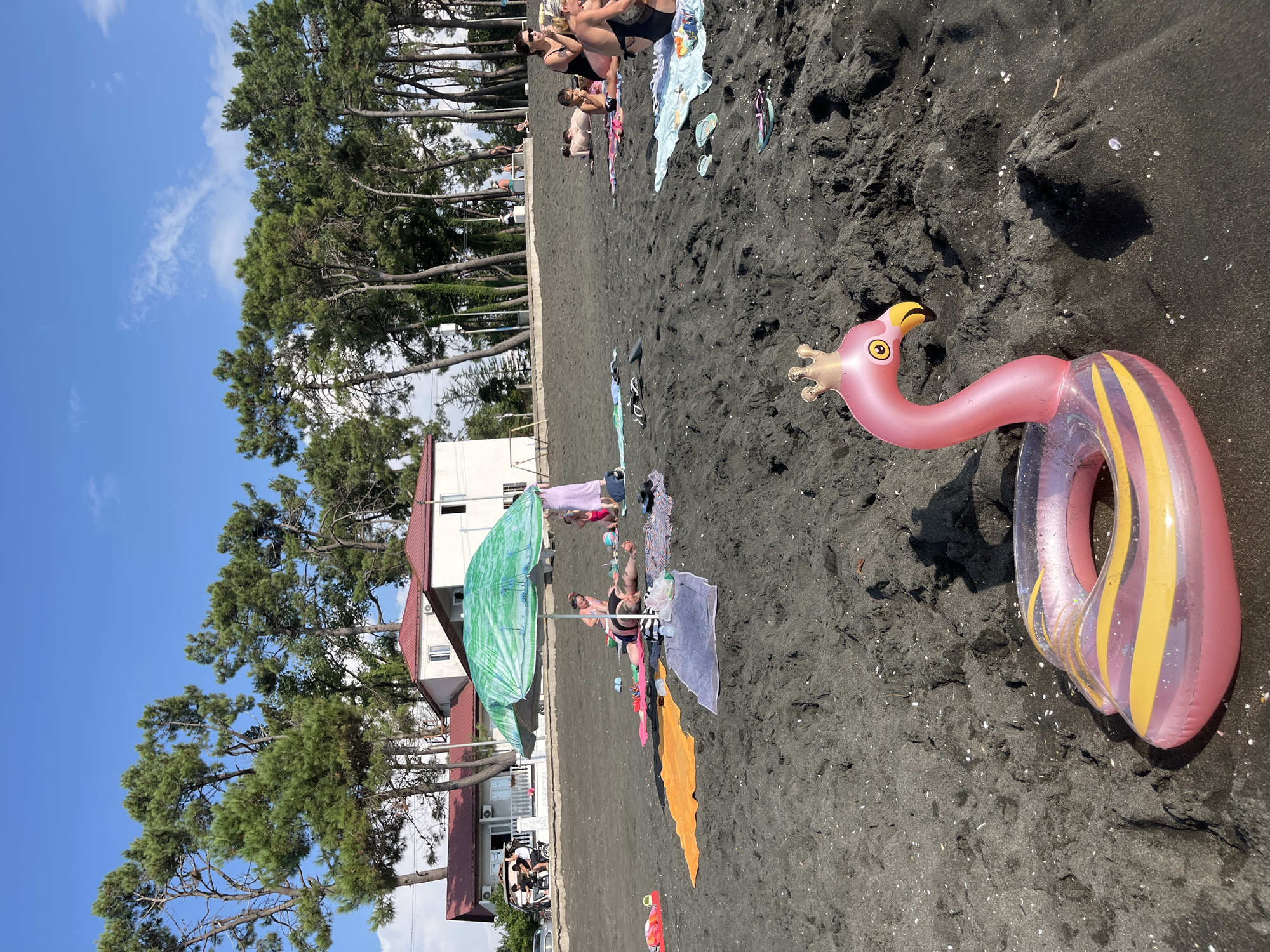 The image depicts a black sand beach in Ureki, Georgia, on a sunny day. In the foreground, a pink inflatable flamingo float with a crown rests on the sand. In the mid-ground, several people are relaxing on towels and under a green umbrella. Some are lying down, while others are sitting up. There are various towels and beach items scattered on the sand. In the background, a row of tall pine trees borders the beach, with buildings visible behind the trees. The sky is clear blue with a few wispy clouds.