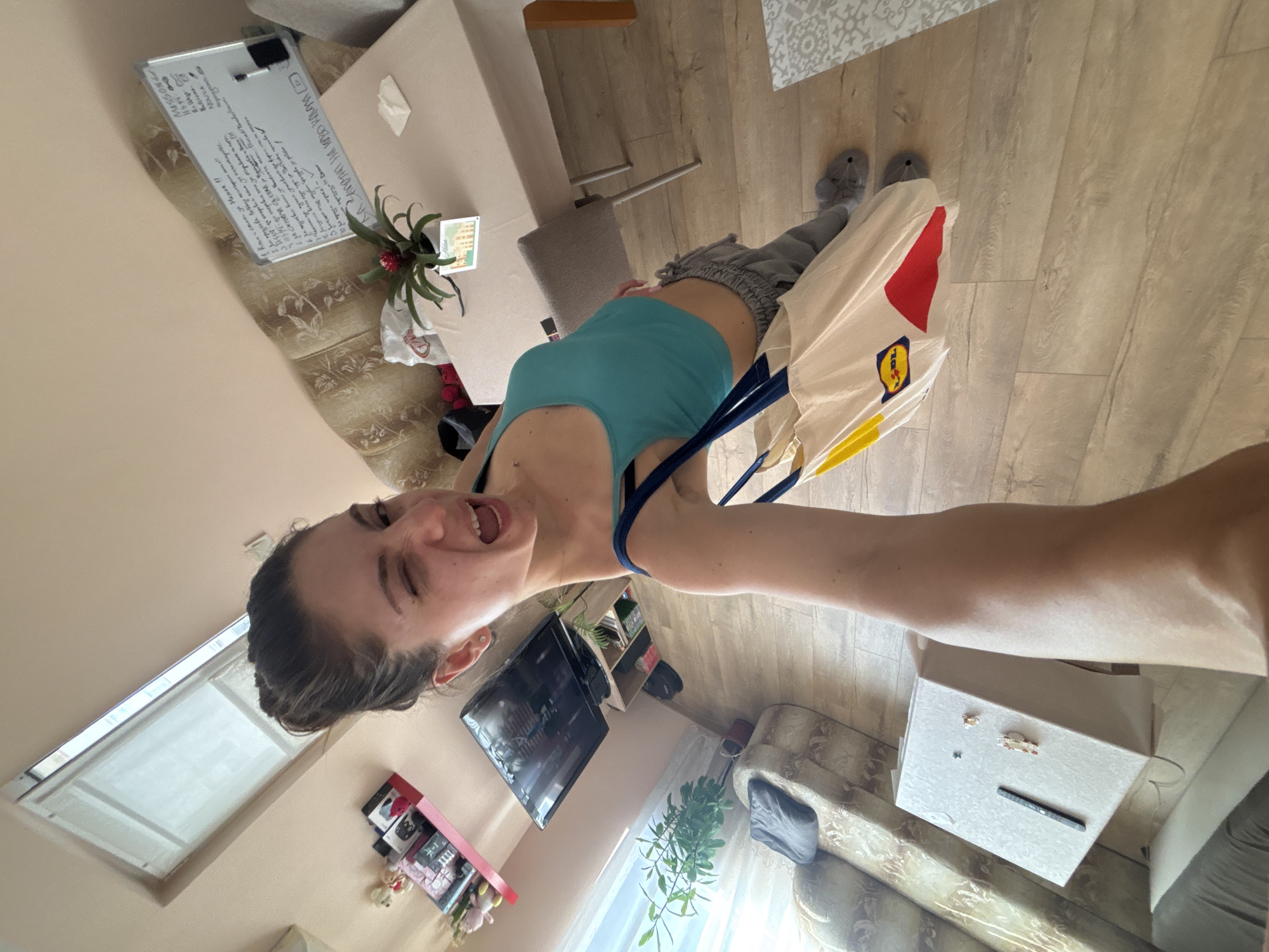 The image depicts a selfie taken by a young woman with her hair pulled back in a bun. She is wearing a teal crop top and gray sweatpants, and is holding a reusable shopping bag with the Lidl logo on it. She is winking at the camera and has her mouth open in an excited expression.
The scene appears to be an indoor residential setting. In the background, there is a beige sofa with a patterned throw, a television on a stand, a plant, a dining table with chairs, and a whiteboard with writing on it. There is also a window with a sky view. The flooring is light wood laminate. The overall impression is one of a casual, domestic environment.
Without further information or identifying markers, it is impossible to definitively confirm the location as Varna, Bulgaria. However, the presence of the Lidl bag might suggest a European context.