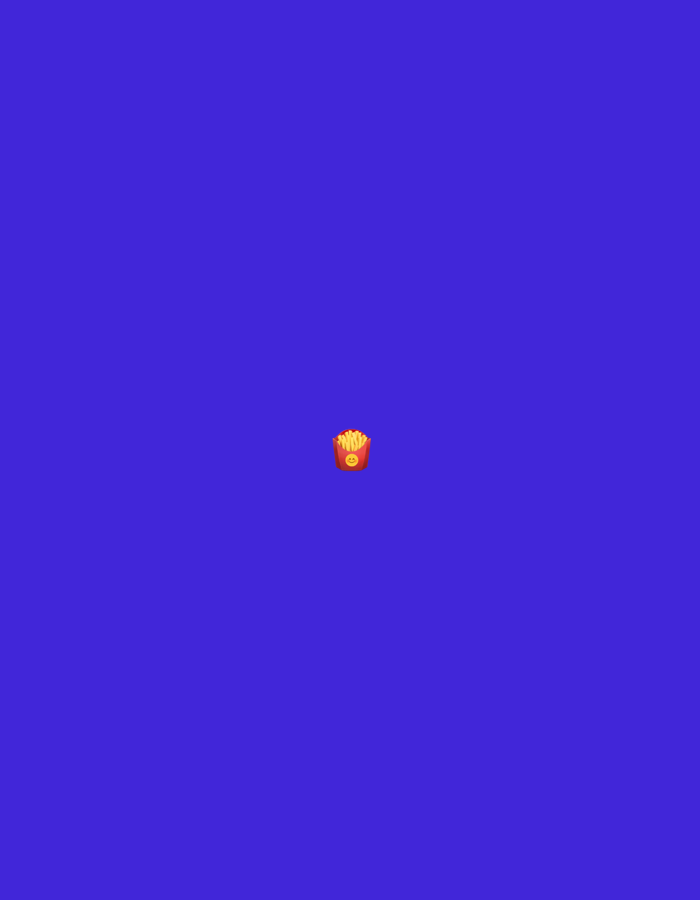 A red carton of french fries with a smiling face is floating in the center of a vibrant blue background.