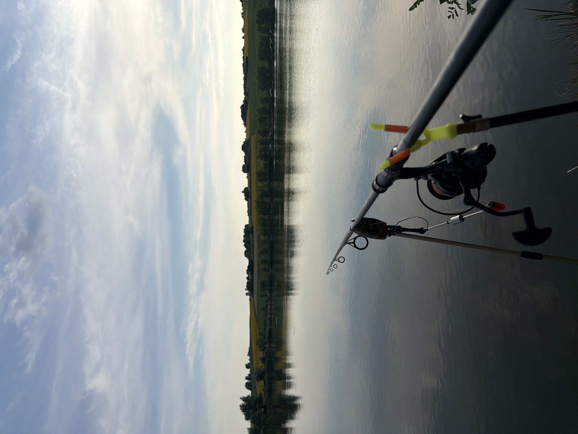 The image depicts a tranquil scene at a body of water, likely a lake or pond, with a fishing rod set up on a stand in the foreground. The fishing rod is angled towards the water, and a fishing reel is attached to it. The water is calm and reflects the sky, which is partly cloudy with streaks of white clouds against a pale blue sky. In the background, a treeline separates the water from rolling hills covered in green fields and patches of yellow, possibly sunflowers. The setting appears to be in a rural area, specifically identified as Pănășești, Moldova. The overall impression is one of peaceful solitude and the anticipation of fishing. There are no people visible in the image.