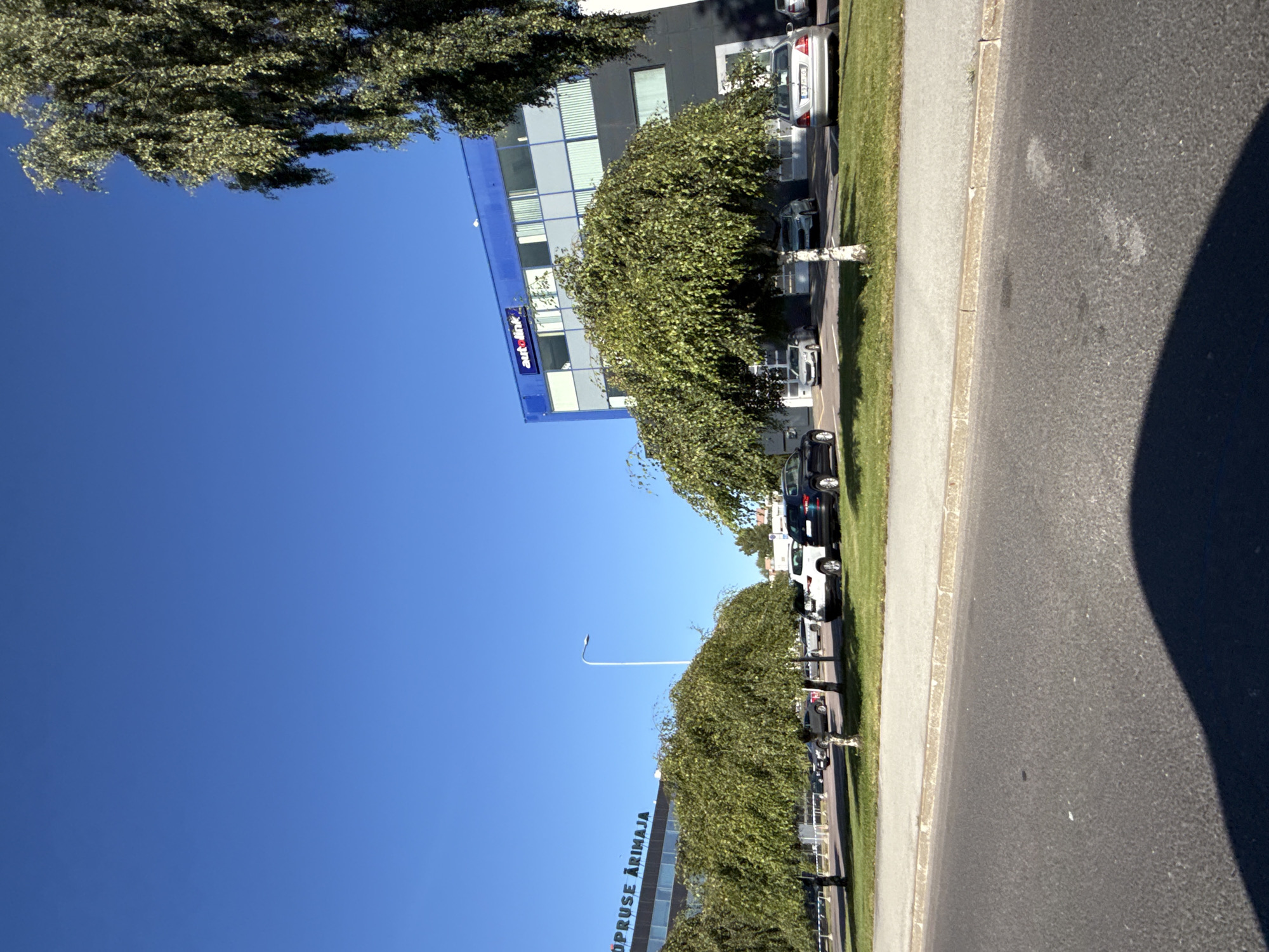 In Tallinn, Estonia, a bright, clear sky dominates the scene. In the foreground, a paved road with a curb and a grassy verge stretches across the frame. Beyond the verge are several parked cars, including a white SUV and a dark SUV. Two modern buildings are visible. The building on the left has the text "ÕPRUSE ÄRIMAJA" in black lettering. The building on the right is blue with a white and red "autolink" logo. Several trees with green foliage are situated between the road and the buildings, casting shadows on the ground. The overall impression is of a commercial or business district on a sunny day.