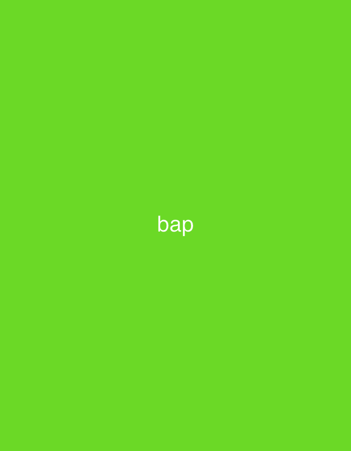 The image displays a uniform, solid lime green background. Centered horizontally and slightly above the vertical midpoint, the lowercase word "bap" is rendered in a light grey or off-white sans-serif typeface. There are no other discernible subjects, objects, people, or environmental features present in the image. The content provides no visual information to suggest a specific geographical location, including the city of Casablanca, Morocco.