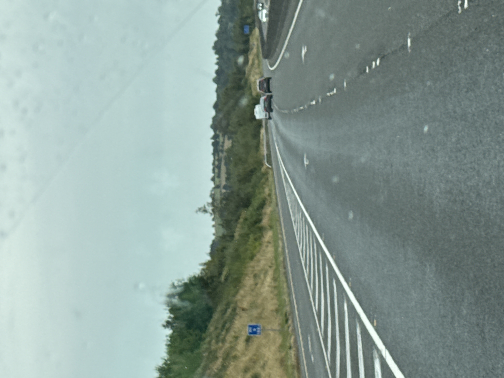 The image depicts a view from a vehicle traveling on a highway in Mullinavat, Ireland. The road is wet, suggesting recent rain, and the sky is overcast and gray. The highway has multiple lanes, marked with white lines. On the left side of the road, there is a grassy embankment with some trees and bushes. A blue sign with white markings is visible on the embankment. In the distance, several cars are driving on the highway, including a white caravan being towed. The overall scene conveys a sense of travel on a damp, overcast day.