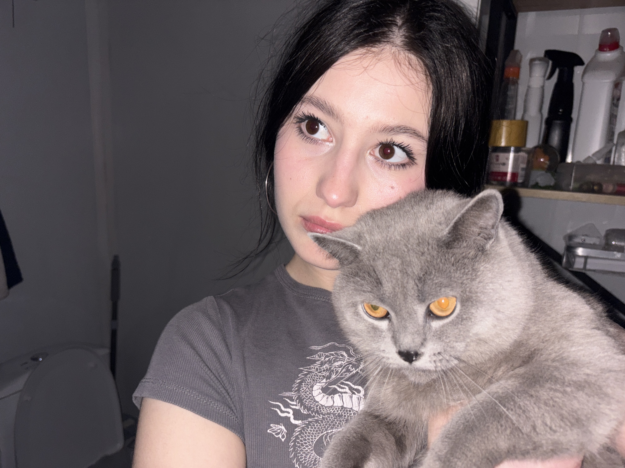 A young woman with dark hair is holding a gray cat with amber eyes. The woman is wearing a gray t-shirt with a white dragon design. They are indoors in a room that appears to be a bathroom or utility area, with a toilet partially visible in the background and shelves filled with cleaning supplies. The location in the city of Фоки, Russia is unknown.
