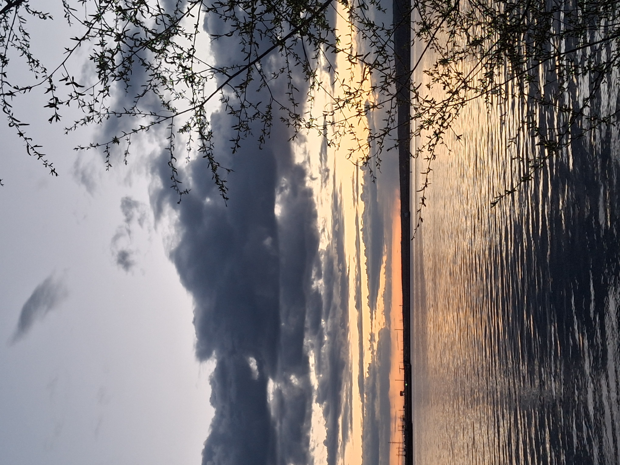 The image depicts a body of water, likely a lake or reservoir, reflecting the colors of a setting or rising sun, as evidenced by the orange and golden hues streaking across the water's surface. The sky above displays a mix of dark, ominous clouds on the left side, transitioning to lighter, sunlit areas on the right.
A tree branch, possibly a willow, with delicate leaves and small twigs frames the top of the shot. Its silhouette adds a contrasting element to the scene.
In the background, the silhouette of what could be a cityscape or industrial area is visible, suggesting the location might be near the city. Given the context of Chaikovsky, Russia, this water body could potentially be the Votkinsk Reservoir. The presence of industrial structures hints at the proximity to human activity.