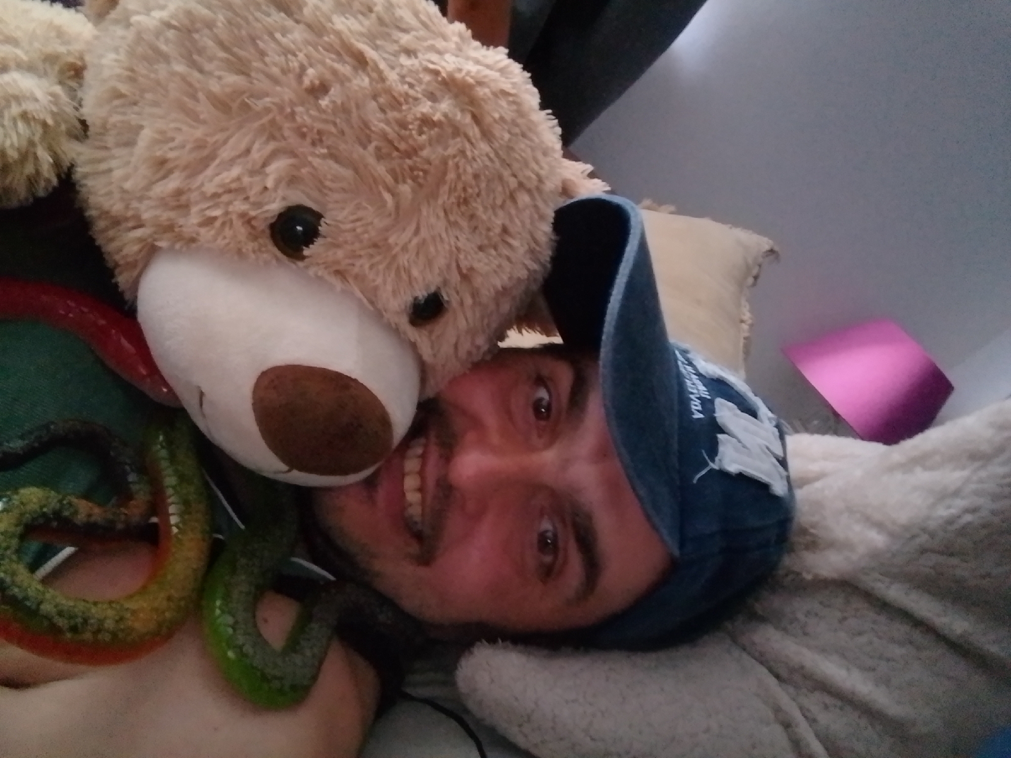 A man is lying on his back, propped up by a pillow, with a large teddy bear on top of him. The teddy bear is tan and fluffy, with a white snout and brown nose. The man is wearing a blue baseball cap. He has brown eyes, a mustache, and a beard. His mouth is open in a smile.
The man is also surrounded by gummy candy shaped like snakes. They are red, orange, yellow, and green. The background is a bed with a tan blanket and a grey fuzzy blanket.
The image is taken from a low angle, looking up at the man and the teddy bear. There is a pink object in the background, possibly a pillow. The lighting is dim and natural.
This scene appears to be in a bedroom, likely in a private residence. The image does not provide any specific information that would allow for identification of the location in the city of Wedel, Germany.