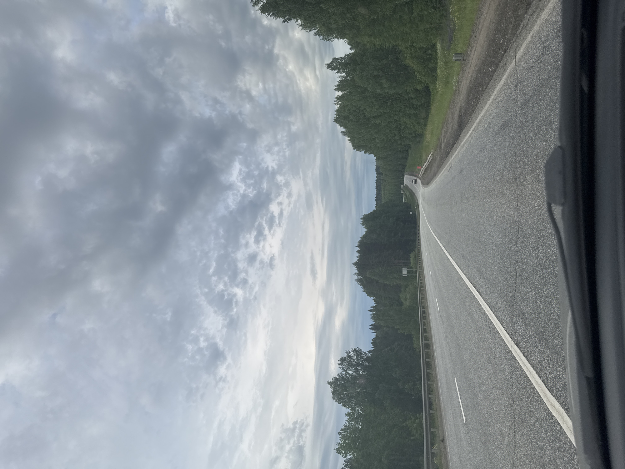 This image captures a view from inside a moving vehicle traveling along a highway through a forested area. The road, made of asphalt, stretches straight into the distance under an overcast sky. Dense green trees and forest line both sides of the highway, creating a continuous natural barrier.
The sky is predominantly gray with varied cloud formations, suggesting an overcast or cloudy day with diffused light. A brighter, lighter gray patch is visible towards the left horizon, indicating a slight thinning of the cloud cover in that area.
In the immediate foreground on the right, a dark gray section of the vehicle, possibly a window frame or part of the dashboard, partially obstructs the view. The road surface features clear white lane markings: a solid line defining the right shoulder and a dashed line separating the traffic lanes further down the road. A guardrail is visible along the right side of the road, next to the trees. In the far distance, two faint shapes of vehicles can be discerned on the road.
No people are visible in the frame. The scene evokes the feeling of a calm road trip through a natural landscape. The setting aligns with a rural highway environment, consistent with the provided location context of Verkhnyaya Talitsa, Russia. There is no visible text.