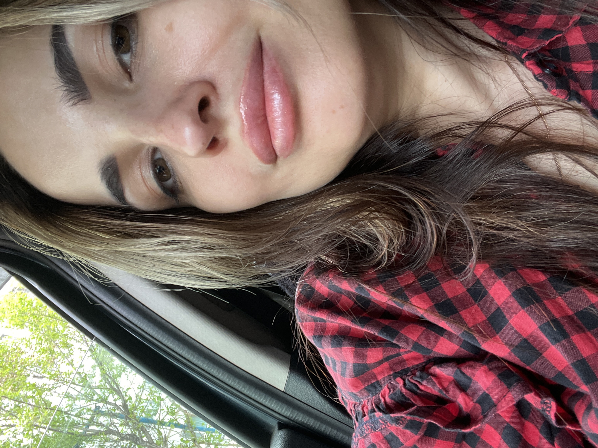 A female adult is depicted in a close-up, slightly low-angle portrait, positioned within the interior of a vehicle in the city of Unknown, Unknown. Her long, wavy, light brown hair with subtle highlights cascades over her shoulders and chest. Her face, illuminated by natural light from a window on the left, features brown eyes, full dark eyebrows, a medium nose with visible pores, and full, glossy light pink lips; the upper lip exhibits significant volume. A small dark mole is present on her right cheek below the eye. She is wearing a red and black buffalo plaid long-sleeved shirt with visible fabric gathers on the left shoulder/sleeve. A faint gold chain is visible around her neck. The dark gray and black interior trim of the vehicle, including a window frame and pillar, is visible behind and to her left. Through the vehicle window, green tree foliage and a light sky are discernible, indicating an outdoor setting.