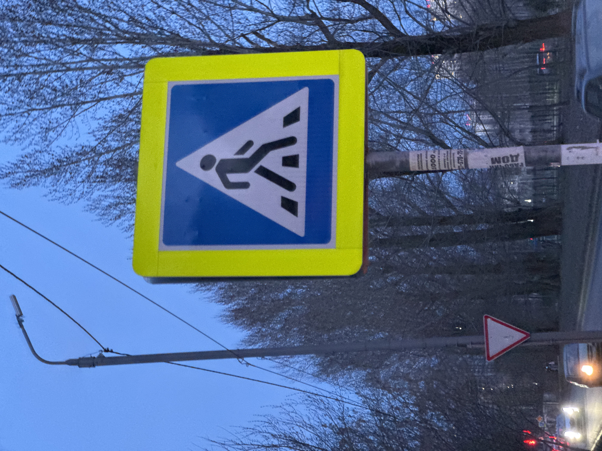 The image shows a pedestrian crossing sign in Matiushino, Russia. The sign is a yellow square with a blue triangle inside, depicting a person walking across a crosswalk. The sign is mounted on a pole with advertisements attached. In the background are trees without leaves, a road with cars, and a yield sign. The sky is a muted blue color.