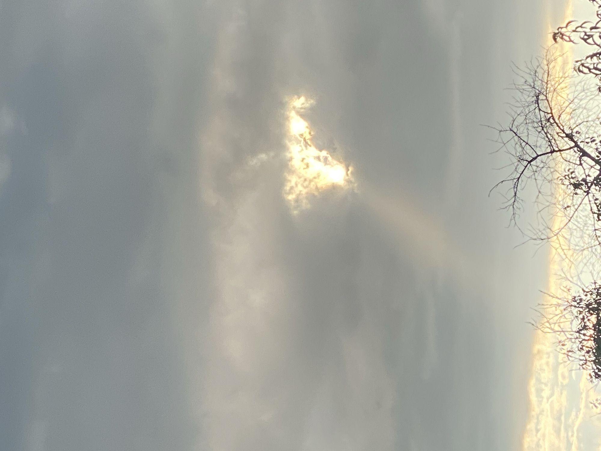 A dramatic sky filled with thick, gray clouds dominates the frame. In the center, a patch of clouds is illuminated by the sun, creating a bright, golden glow that seems to pierce through the overcast sky. A single shaft of light, or crepuscular ray, extends downward from this illuminated area. The lower portion of the image shows the silhouettes of bare tree branches against a lighter sky, suggesting either sunrise or sunset. The scene appears to be an outdoor environment, likely in Cairaclia, Moldova. There are no people or animals visible in the image.