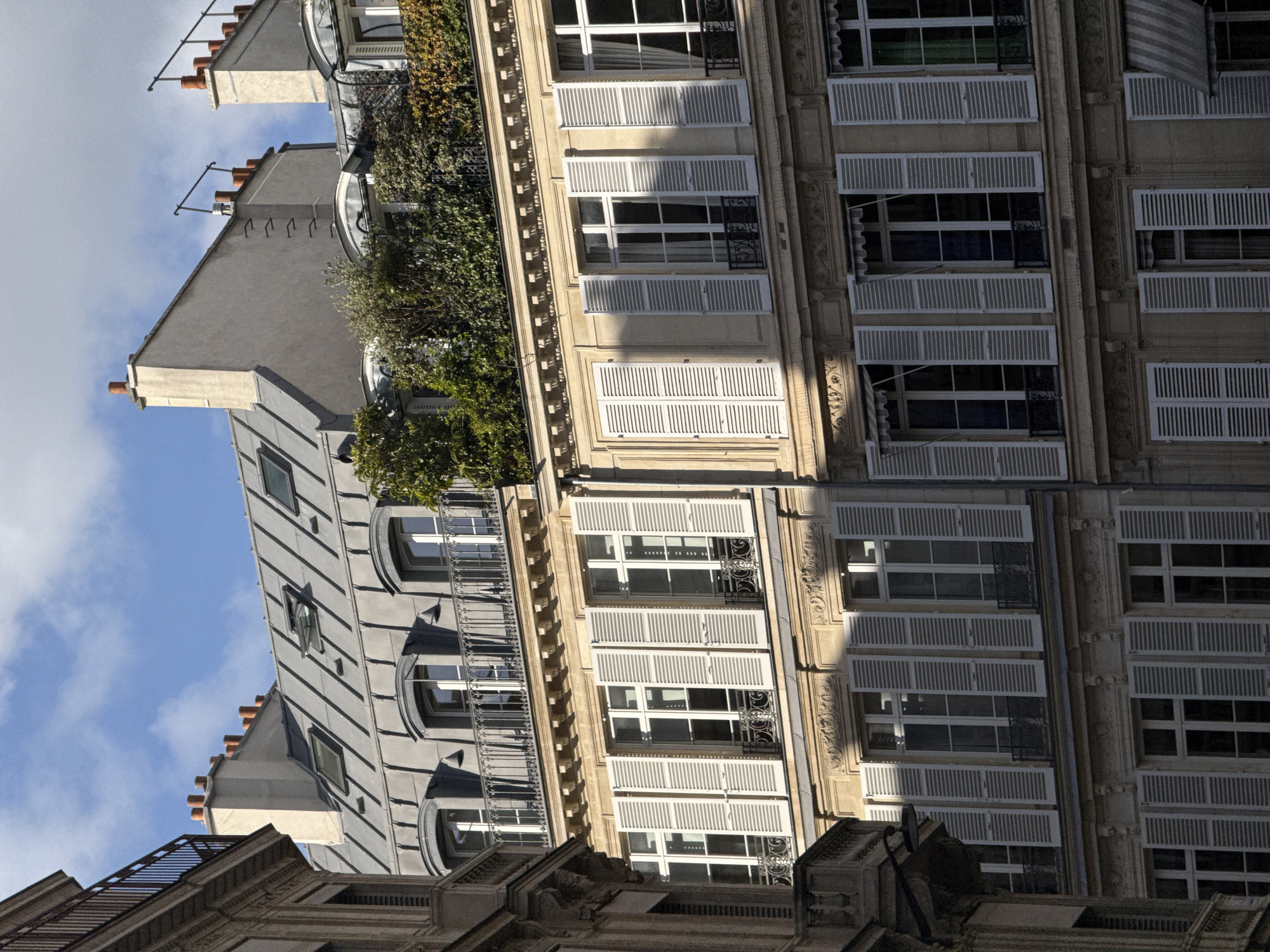 The media file captures a low-angle, upward view of several classic Parisian buildings under bright daylight. In the foreground and center, a multi-story building stands out with a light beige stone facade, a hallmark of Haussmannian architecture. Its numerous windows are fitted with white louvered shutters, mostly closed, and many feature small balconies with ornate black iron railings and vibrant green plants in planters. Detailed carvings, cornices, and decorative moldings adorn the facade between floors.
To the left and slightly recessed, another building is prominent with a dark gray or blue zinc roof, characterized by multiple dormer windows, some rectangular and others arched. This roof also supports several chimneys topped with terracotta pots. Below the roofline, a portion of its facade is visible, heavily draped in lush green ivy or climbing plants, giving it the appearance of a vertical garden.
A darker, older-style building is partially visible at the bottom of the frame, showcasing some intricate architectural details. The upper left part of the image is filled with a clear blue sky, dotted with scattered white clouds. Strong sunlight creates sharp shadows, accentuating the textures and depth of the buildings. The scene depicts a quiet, sunny day in Paris, France, with no people or visible text.