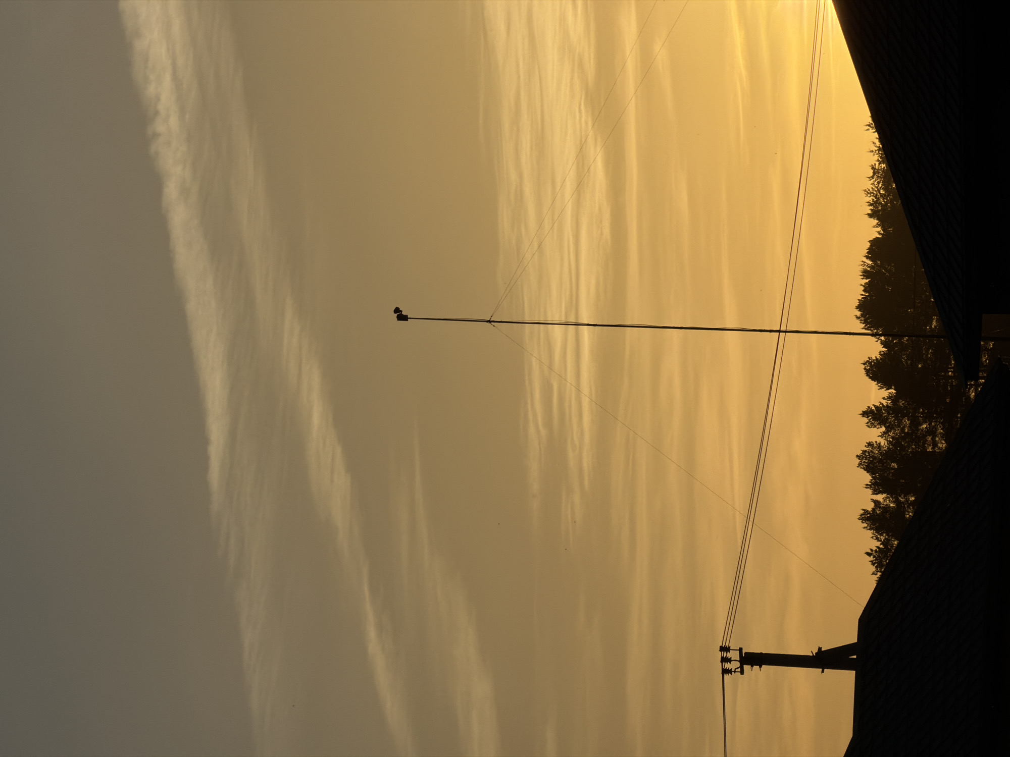 The image depicts a twilight or sunset scene in Chaikovsky, Russia. The sky is a gradient of yellow and gray, suggesting a time near dusk or dawn. There are light wisps of clouds scattered throughout the sky. A tall metal pole with fixtures resembling loudspeakers or surveillance equipment stands prominently in the frame, with electrical wires stretching from the pole across the sky. Silhouetted against the bright sky are trees and the angular roofline of a building. A utility pole with insulators is also visible, closer to the building's roofline. The general atmosphere suggests an urban or suburban location.