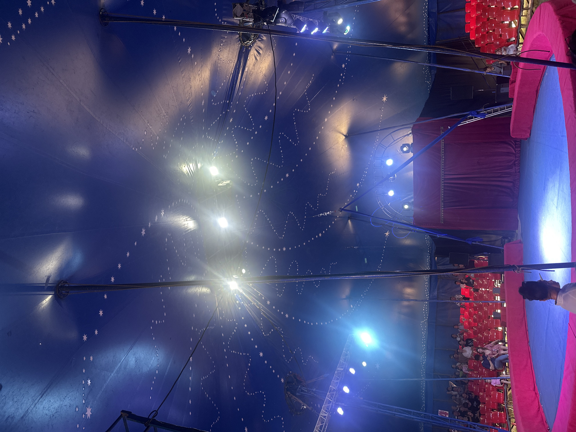 The image depicts the interior of a circus tent. The ceiling is a dark blue fabric adorned with white star patterns, reminiscent of a night sky. Several spotlights illuminate the space, creating bright flares and casting shadows. The tent is supported by tall, dark poles.
In the foreground, a circular performance ring with a blue surface and a pink border is visible. Beyond the ring, rows of empty red seats are arranged, indicating an audience area. A maroon curtain hangs in the background, suggesting a stage or backstage entrance.
The scene appears to be set up for a performance, with lighting focused on the performance area and audience seating ready. There are a few people visible in the audience seats and one person in the foreground facing away from the camera. The overall atmosphere is that of a circus venue, awaiting an event.
The provided location is the city of Novoaltaysk, Russia. This suggests that the circus tent is situated within this Russian city.