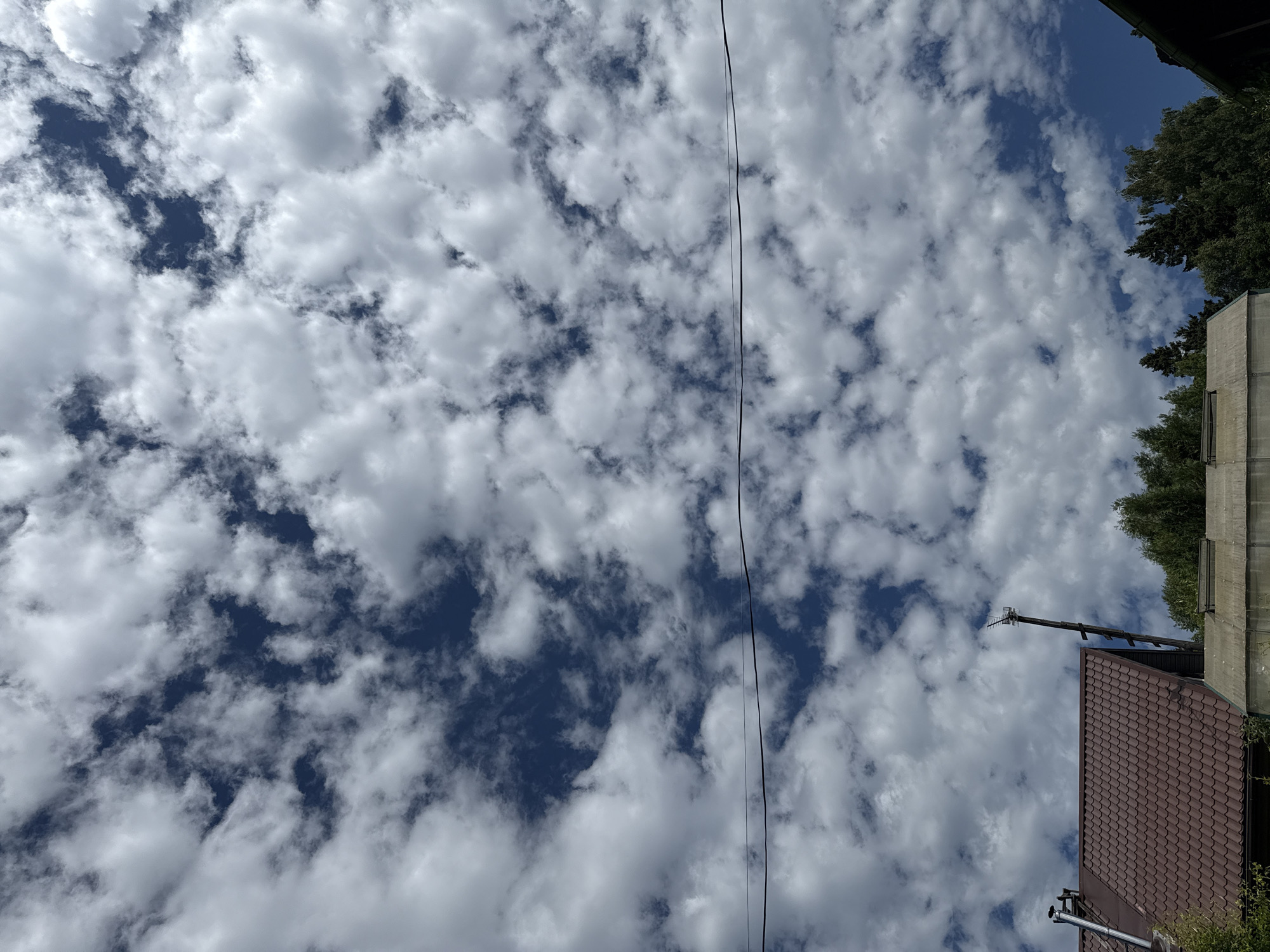 The image captures a bright, partly cloudy sky over a rural or suburban area. The sky is filled with scattered white cumulus clouds against a deep blue background, suggesting fair weather. A dark, thin wire stretches horizontally across the mid-section of the frame, likely a power line or telephone wire.
In the lower portion of the image, the rooftops of several structures are visible. On the left, a brown, tiled roof of a house or building dominates the foreground, with a metal chimney pipe extending from its peak. Adjacent to it, to the right, is a lighter colored, flat-roofed structure, possibly a greenhouse or shed, with translucent panels. A tall, dark pole with what appears to be an antenna or communication device is erected behind the brown roof, reaching into the sky.
A dense line of green trees forms a backdrop behind the structures, with various species of trees visible. The overall environment appears to be a residential area or a garden community, consistent with a location like Дзержинец-83 Снт, Russia. No people are present in the frame. The lighting suggests it is daytime, likely late morning or early afternoon, given the brightness of the clouds and the clear sky.