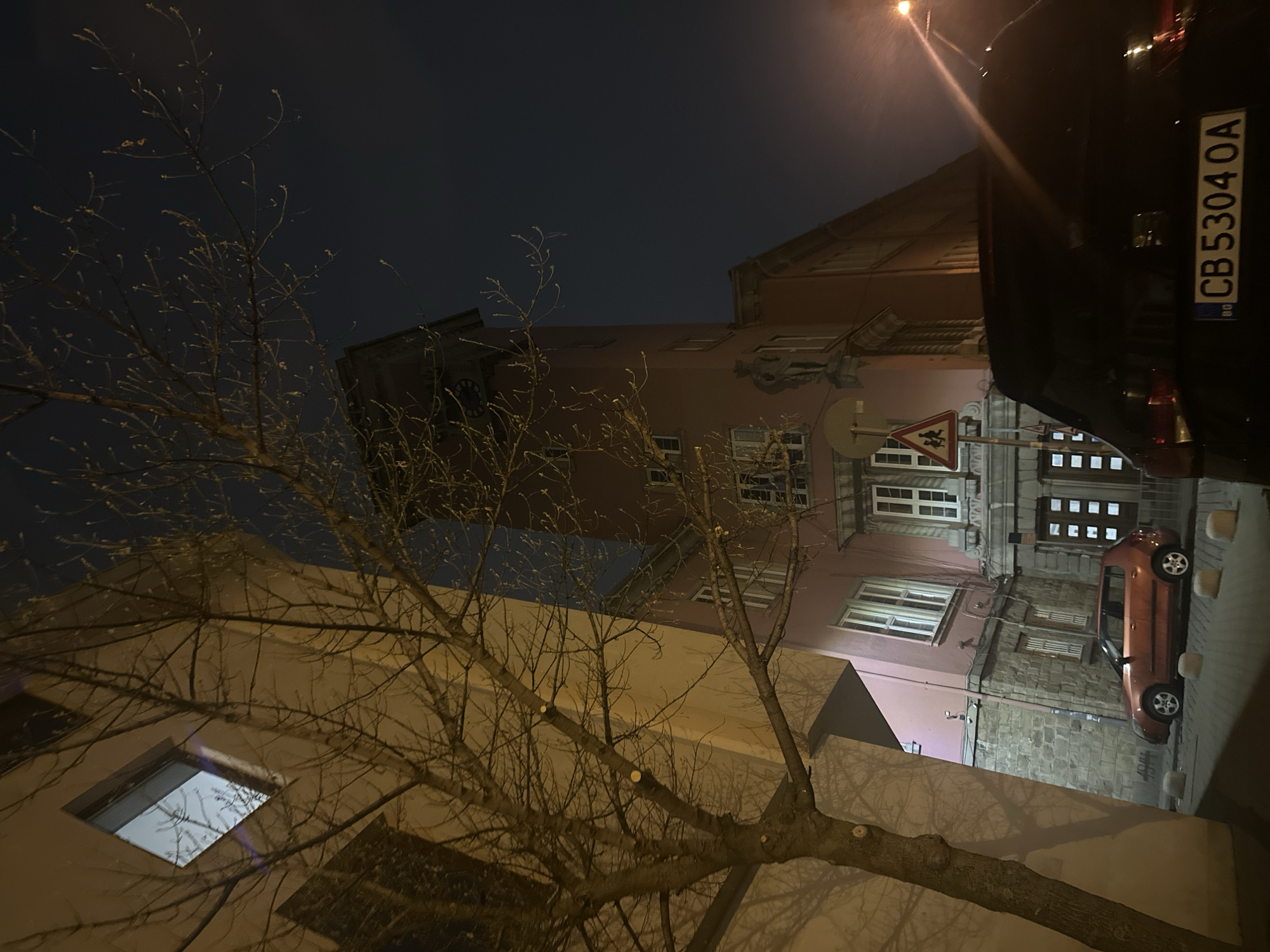 At night, the camera looks up at a four-story building in Sofia, Bulgaria. A bare tree dominates the left side of the frame, its branches obscuring parts of the building. The building is painted in varying shades of tan, pink, and grey. The building's architecture includes many windows and doors. A "Children Crossing" sign stands in front of the building. A black car, cropped on the right side of the frame, has a license plate "CB53040A" from Bulgaria. An orange car is parked on the right side of the frame, near the building. The sky is dark. A streetlight shines in the distance, creating a halo of light.