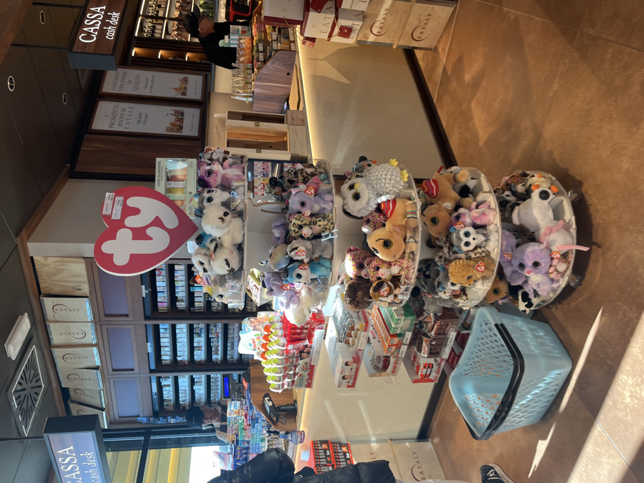 The image displays the checkout area of a retail store, likely an Eataly establishment, given the prominent branding, located in Dorno, Italy. The indoor scene is brightly lit by artificial lighting, featuring a warm-toned tiled floor and modern wooden and light-colored counter surfaces.
In the foreground, several clear plastic bins are filled with a vibrant collection of plush toys, predominantly "Beanie Boos" identified by their characteristic "ty" heart-shaped tags. A light blue plastic shopping basket with black handles rests on the floor nearby.
Towards the mid-ground, a "CASSA cash desk" sign, presented in both Italian and English, hangs above a counter. Behind this counter, a person dressed in a dark top is partially visible, attending to the register area which is stocked with various products. Shelves filled with merchandise line the wall behind the counter.
The store's identity is reinforced by multiple "EATALY" brandings visible on boxes and signs. Other Italian texts include "PRODOTTI BUONI DI EATALY" (Good products of Eataly) and what appears to be "CONCEDITI UNA PAUSA DI QUALITÀ" (Treat yourself to a quality break), indicative of a focus on gourmet items and customer experience. A sign also mentions "CON GUARANA," likely an ingredient or product name. The overall scene suggests an active, well-organized retail environment, typical of a specialty food market or a department store section.