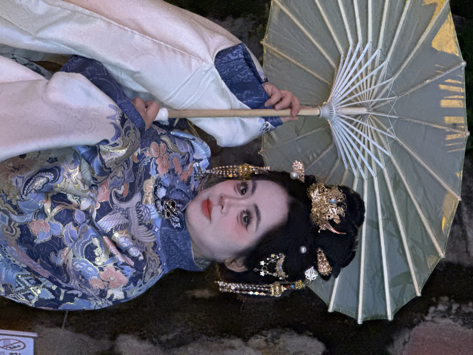 A female subject, appearing to be a young adult, is depicted from the waist up, holding an open, pale green traditional Chinese oil-paper umbrella above her head with her left hand. She is positioned against a dark, textured stone wall background, indicative of an outdoor or semi-outdoor setting in Yuzhong District, China. Her dark hair is styled in an elaborate updo, adorned with numerous gold-colored hairpins, a central crown-like ornament, and multiple dangling pearl and bead chains with an iridescent blue stone accent. She wears extensive makeup, including blush, eye makeup, and red lipstick. Her attire consists of an ornate, high-collared traditional Chinese garment, possibly a Hanfu, in shades of blue, light blue, and gold, featuring intricate patterns of cranes and floral motifs. A dark, possibly black, brooch or clasp resembling a bird is visible on the upper chest of her garment. The overall lighting is dim. A partial white sign with red text is visible in the lower right corner of the frame.