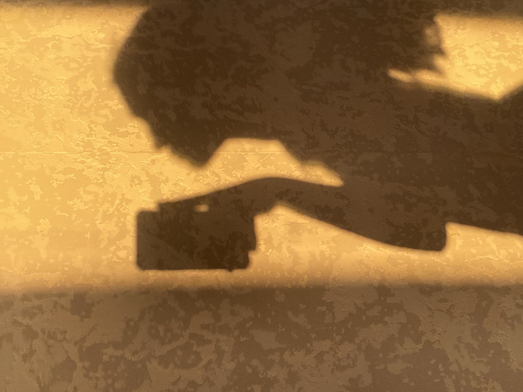 A shadow of a person holding a phone is cast on a textured wall. The shadow suggests a person with hair, an arm extended holding a rectangular object which is presumably a phone. The wall appears to have a mottled surface. The colors are shades of brown and gold, due to the lighting. The location in Izhevsk, Russia is unknown from the image.