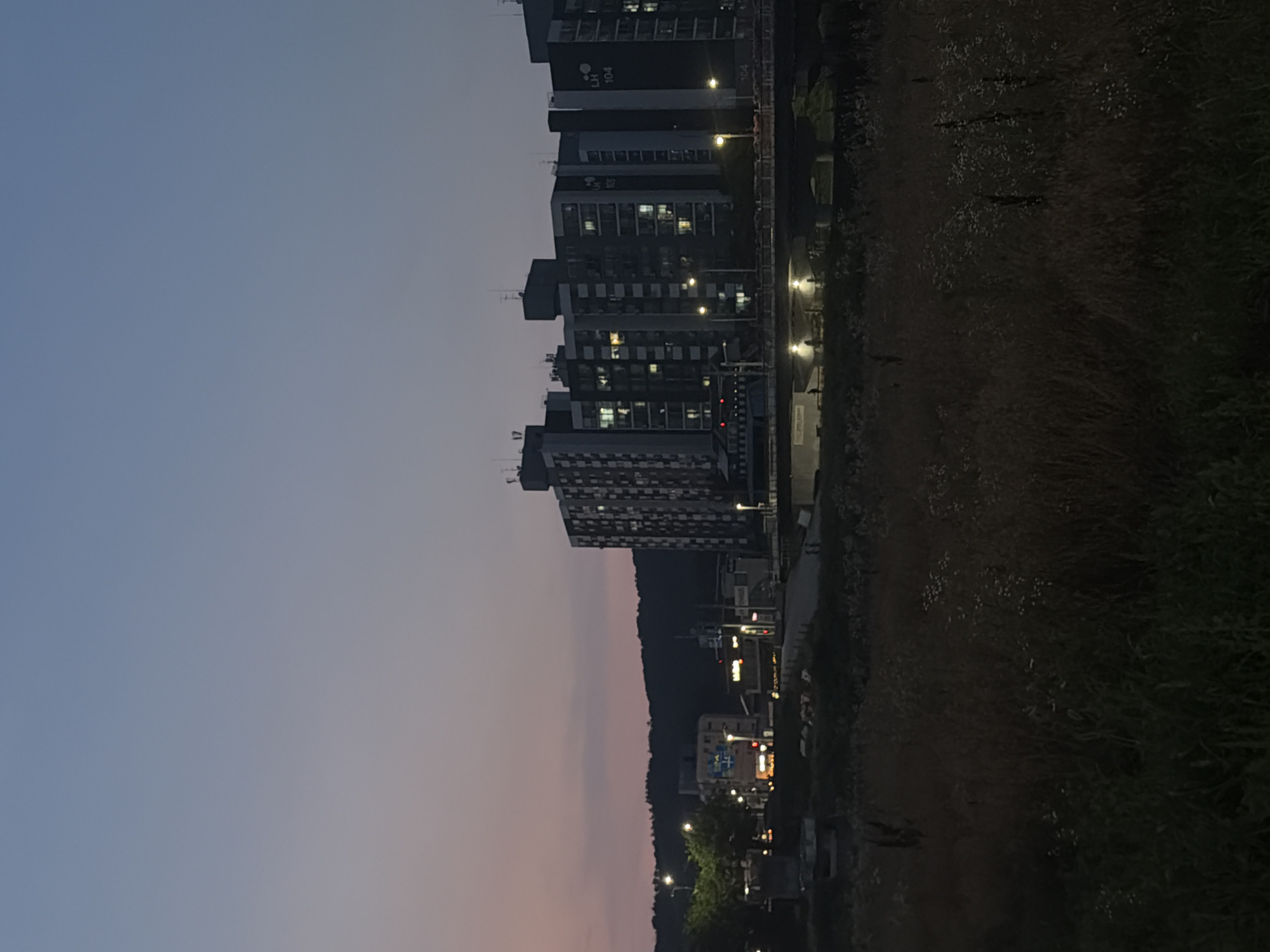 This is a wide-angle, nighttime outdoor photograph taken in the city of Dongducheon-si, South Korea. The sky is a gradient of deep blue at the top to a light purple and pink near the horizon. In the mid-ground, a row of tall, multi-story apartment buildings with numerous illuminated windows is visible. The buildings appear to be modern concrete structures with many balconies and antennas on their roofs. Some of the buildings have markings like "LH 103" and "LH 104" visible. A bridge with streetlights spans across a body of water or a low-lying area in front of the apartment buildings. On the far left of the mid-ground, there are some smaller buildings with lights on, and trees with illuminated streetlights. The foreground is a dark, overgrown field of dry grass and some small white flowers. The overall impression is a residential area at dusk or early night.