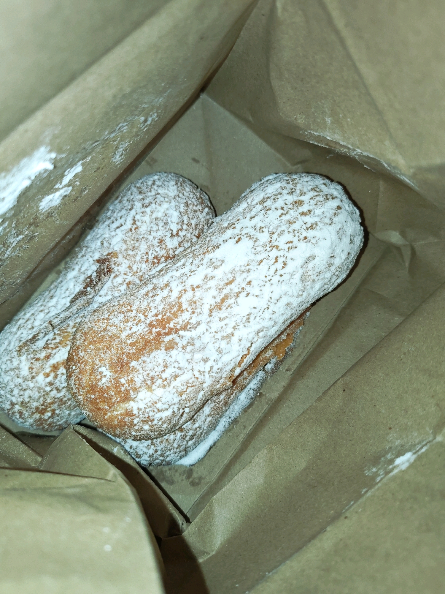 The image shows two oblong pastries, dusted with powdered sugar, resting inside a brown paper bag. The bag is creased and appears to be a common disposable food container. The pastries have a golden-brown color and a slightly textured surface. Powdered sugar is visible on the pastries and also scattered on the inside surfaces of the bag. The lighting suggests an indoor environment, possibly a bakery or a home kitchen. There are no people or discernible urban features visible in the image. The location in the city of Saratov, Russia, is not visually identifiable from the provided image.