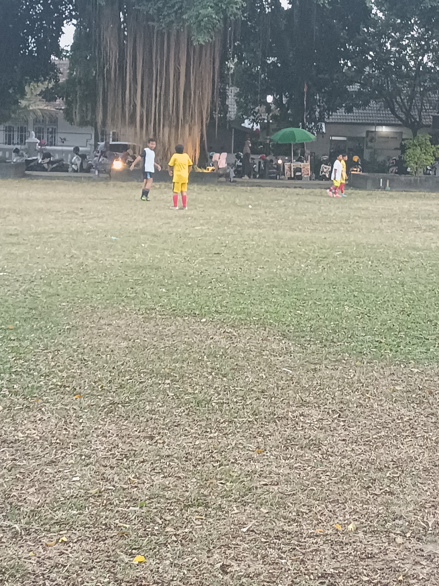 The image depicts an outdoor scene at what appears to be a park or recreational area in Sleman, Indonesia. The foreground is dominated by a dry, grassy field with scattered leaves. In the mid-ground, two individuals are visible on the field. One person is wearing a white and blue shirt with blue shorts, and the other is in a yellow shirt with yellow shorts and red socks. They are positioned in a way that suggests they might be engaged in a sport, possibly soccer.
In the background, behind the field, there are several elements. A large tree with prominent hanging roots, characteristic of a banyan tree, stands prominently on the left side of the frame. Further to the right, there are buildings with tiled roofs, some of which appear to be residences or small structures. A green umbrella is set up near some small stalls or carts, with motorcycles parked in the vicinity, indicating a public gathering or market area. Other people are visible in the background, some sitting or standing near the stalls. The overall atmosphere appears to be casual, possibly during an afternoon or evening. The light suggests it's either early morning or late afternoon, with diffused lighting.