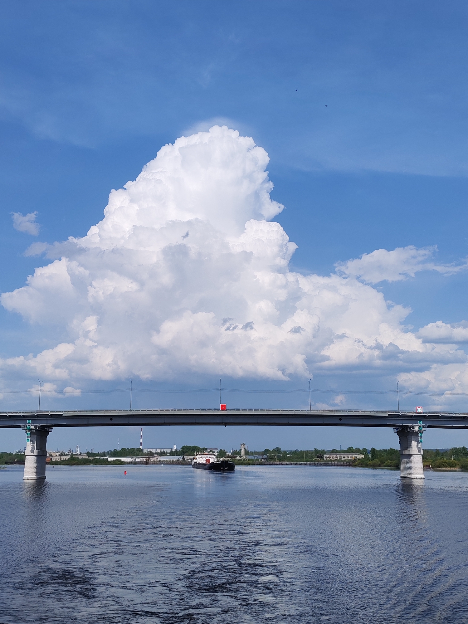 A long, gray bridge spans a wide body of dark, rippled water, with a single barge navigating the waterway beneath. The supports of the bridge are prominent, visible on either side. The bridge itself has lampposts along its length.
A large, fluffy, cumulus cloud dominates the bright blue sky behind the bridge, taking up a significant portion of the upper half of the image.
In the background, the skyline shows a mix of industrial buildings, including a smokestack, and green vegetation along the shoreline. A red buoy is visible in the water in the foreground.
While I cannot confirm that this is the city of Нифантово, Russia, there is nothing in the image to suggest that it is not.