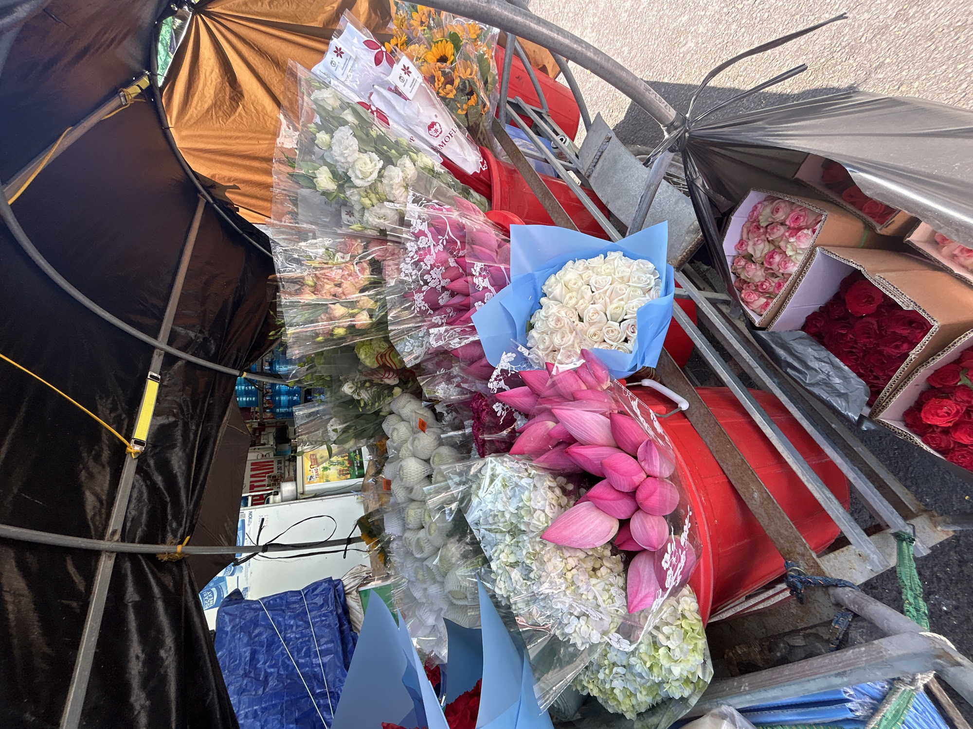 The image captures a vibrant, bustling flower stall, likely in an outdoor market or street-side setting within the Bac Natural Heritage Area Trang, Vietnam. The scene is viewed from an overhead, slightly tilted perspective, looking down into an abundance of various fresh cut flowers.
The primary subjects are numerous bouquets and bundles of flowers. White roses, tightly bundled in blue paper, are prominent. Nearby, large bouquets of bright pink lotus buds are wrapped in clear plastic, as are white hydrangeas and elegant white eustoma (lisianthus). Other flowers include bunches of sunflowers and more mixed bouquets with various pink and red blooms. Several cardboard boxes are visible, filled to the brim with neatly arranged pink and deep red roses.
The flowers are displayed on and around a makeshift stall or cart constructed with metal frames. Parts of a black and brown tarpaulin or umbrella provide shade over the display. Red buckets or containers are visible beneath the flowers, and a blue tarp is folded in the background.
The activity depicted is the sale or display of these fresh flowers. The bright lighting and clear shadows suggest it is daytime, likely under sunny conditions. Packaging varies from clear plastic sleeves, some with floral logos and text like "MOMOFLE" and "HOA TUOI," to simple blue paper wraps and cardboard boxes. Visible text on the boxes includes numbers such as "12/03/25" and "267.200". In the background, hints of other stalls or shop signs can be seen with partial text like "RU THAM", "TANG", and "OCAY HEAT".