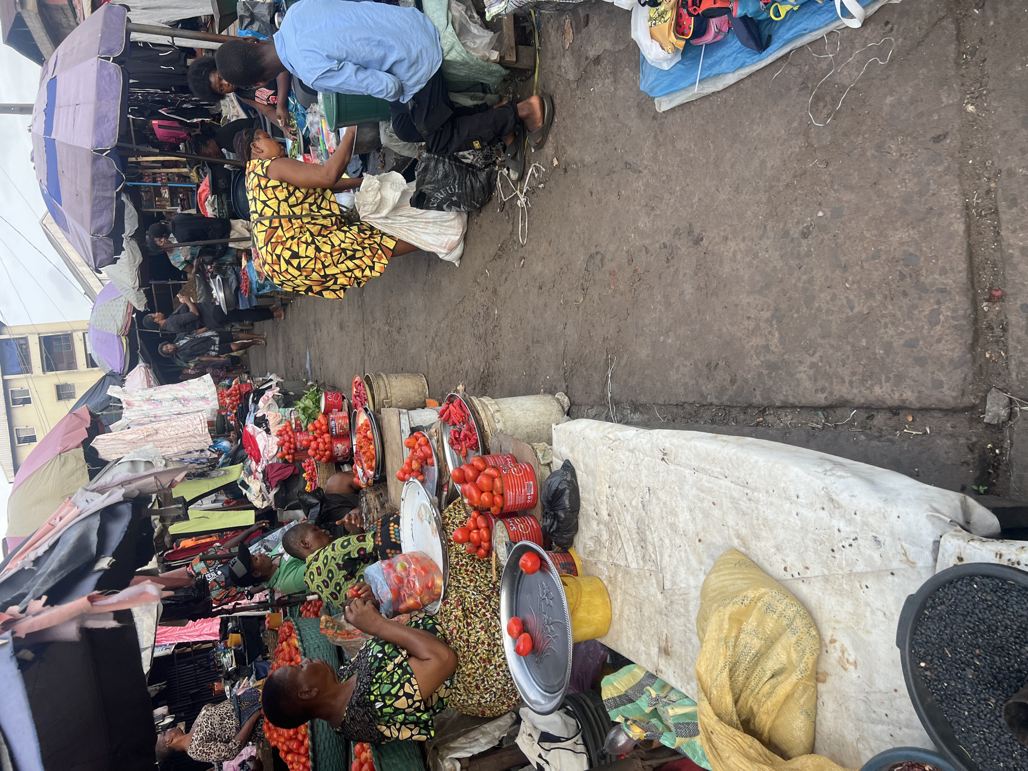 This image captures a vibrant and bustling outdoor market scene in Nkpor, Nigeria, filled with vendors, shoppers, and a variety of goods. The ground is an uneven, worn path, suggesting a high-traffic area.
Numerous people populate the market. In the foreground and mid-ground, several women are seated or standing, often tending to their stalls. One woman in a distinctive yellow and black patterned dress is seated beside bags, while another in a green and black patterned dress is seen further down, arranging produce. A man in a light blue long-sleeved shirt is also visible, leaning over a stall and engaging with another individual. Children are present, both observing and assisting.
The primary activity depicted is trading. Vendors display their wares, and people move through the narrow passages, presumably inspecting items and making purchases. A prominent feature is the abundance of fresh produce, particularly large quantities of red tomatoes, which are neatly arranged in basins, repurposed tins, and on shiny silver trays at various stalls. Some red peppers are also visible. One stall features a traditional balance scale, indicating sales by weight.
The market is characterized by numerous makeshift stalls shaded by large, often striped, umbrellas and tarpaulins. Beneath these coverings, various items like clothing, fabrics, and other general merchandise are displayed. The overall impression is one of dense commercial activity.
Notable details include the overcast sky, suggesting it is daytime, possibly morning or afternoon, with muted natural light. The ground is earthy and somewhat cluttered with debris typical of busy markets. On a black plastic bag in the mid-ground, the word "CAREFUL" is visible in white lettering. The scene conveys a sense of everyday commerce and community interaction in a West African setting.