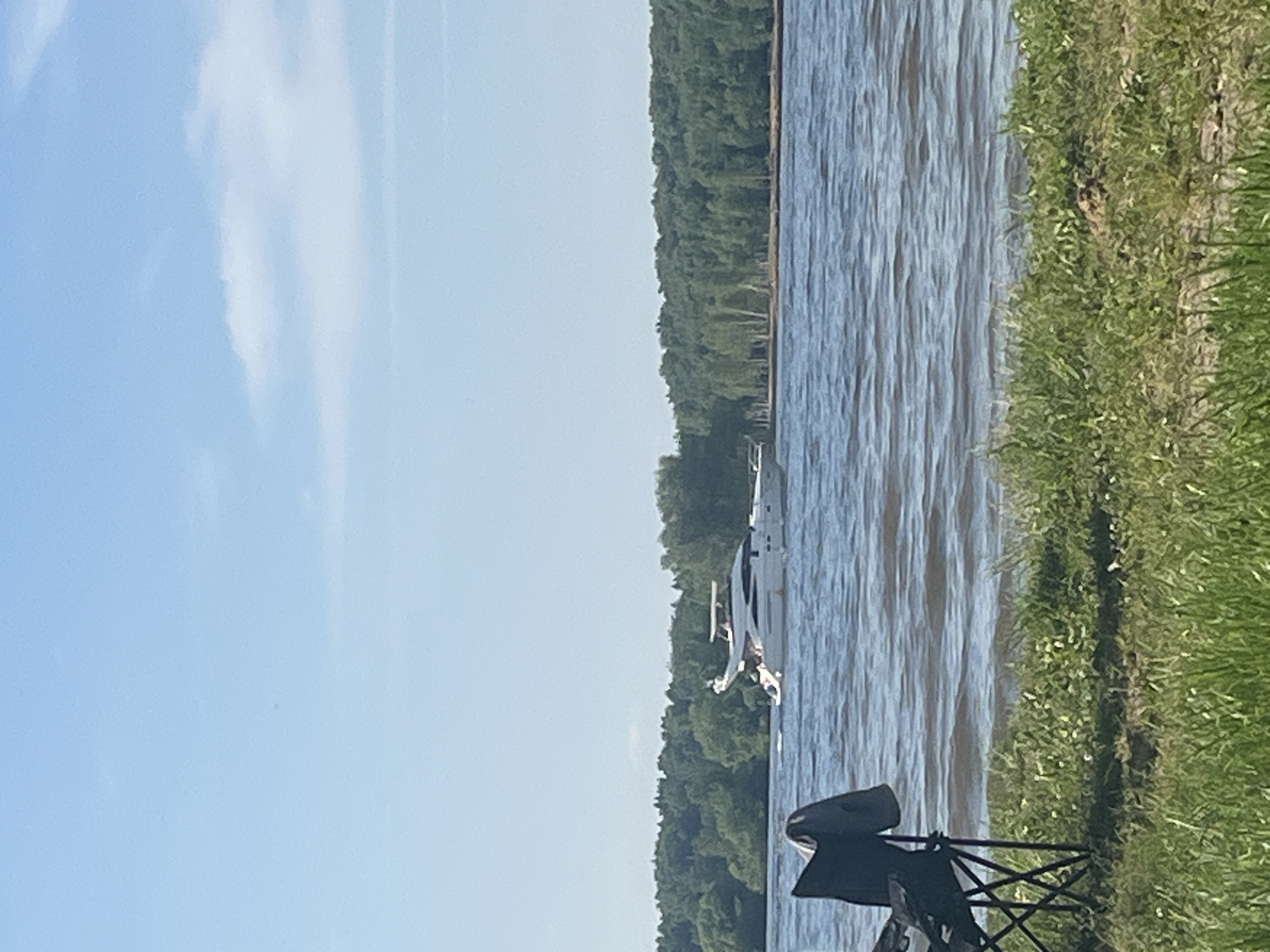 The image captures an outdoor scene on a clear, sunny day in Kapustino, Russia, presenting a view across a body of water. In the immediate foreground, green grass and scattered low-lying vegetation cover an undulating bank. A black folding chair is partially visible on the left, with a grey fabric item draped over its upper backrest. The midground is dominated by a wide expanse of water, displaying small surface waves. A white, multi-deck motor yacht is underway, moving from left to right across the frame, producing a distinct wake. Several individuals are observable on the yacht, particularly on its aft deck. The background features a dense, verdant line of trees, forming the distant bank of the waterway, with a narrow light-colored strip, possibly a sandy shore, visible at the waterline beneath the foliage. The sky above is a uniform light blue with minimal, faint cirrus-like cloud formations.