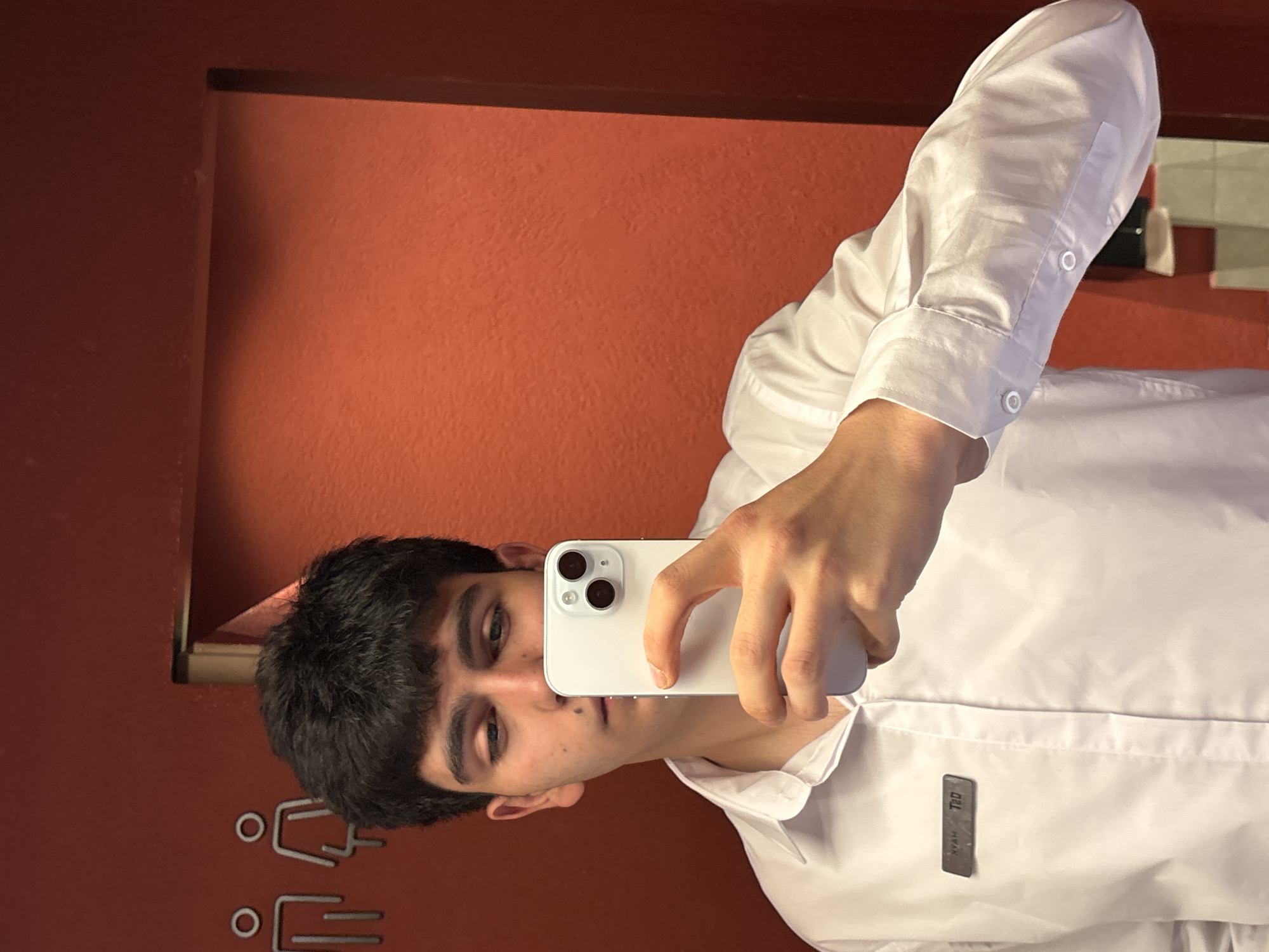 A young man takes a selfie in a restroom. The restroom is marked with a sign with figures symbolizing male and female genders. The wall is painted in a brick-red color. The man is wearing a white button-down shirt with a label that says "NYAK TED." He holds a white iPhone 13 up to the camera. It is unknown if this bathroom is in Yerevan, Armenia.