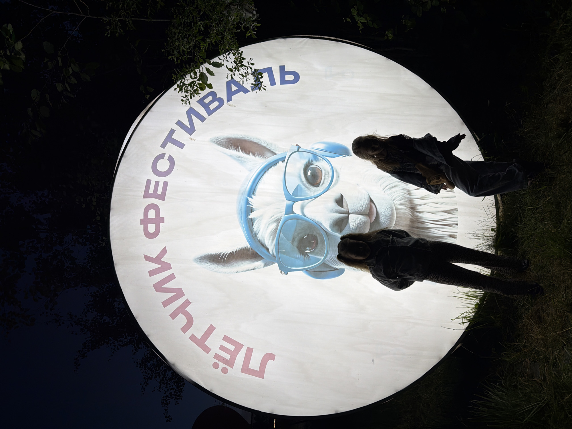 The image captures an outdoor, nighttime scene dominated by a large, internally illuminated circular sign. The sign features a stylized illustration of a white alpaca or llama head, facing forward, wearing light blue-rimmed glasses and matching light blue over-ear headphones. The animal's eyes are brown. Above the alpaca's head, Cyrillic text is curved along the upper edge of the circle. The left word, 'ЛЁТЧИК,' is rendered in a pink hue, and the right word, 'ФЕСТИВАЛЬ,' is in a blue hue.
Two young girls stand in front of the illuminated sign, partially silhouetted against its bright surface. The girl on the left wears a dark jacket and dark, patterned leggings; her hair appears styled into pigtails. The girl on the right wears a dark top and dark pants; her hair is long and loose, and she appears to be in motion, with her arms slightly bent. Facial features of both girls are obscured by the backlighting.
The ground in the immediate foreground consists of dark grass and sparse foliage. The background is a dark night sky with silhouetted trees and dense foliage visible along the upper edges and sides of the frame. No other distinct objects or structures are clearly visible in the dark surroundings. The scene takes place outdoors in an unidentified location at night.