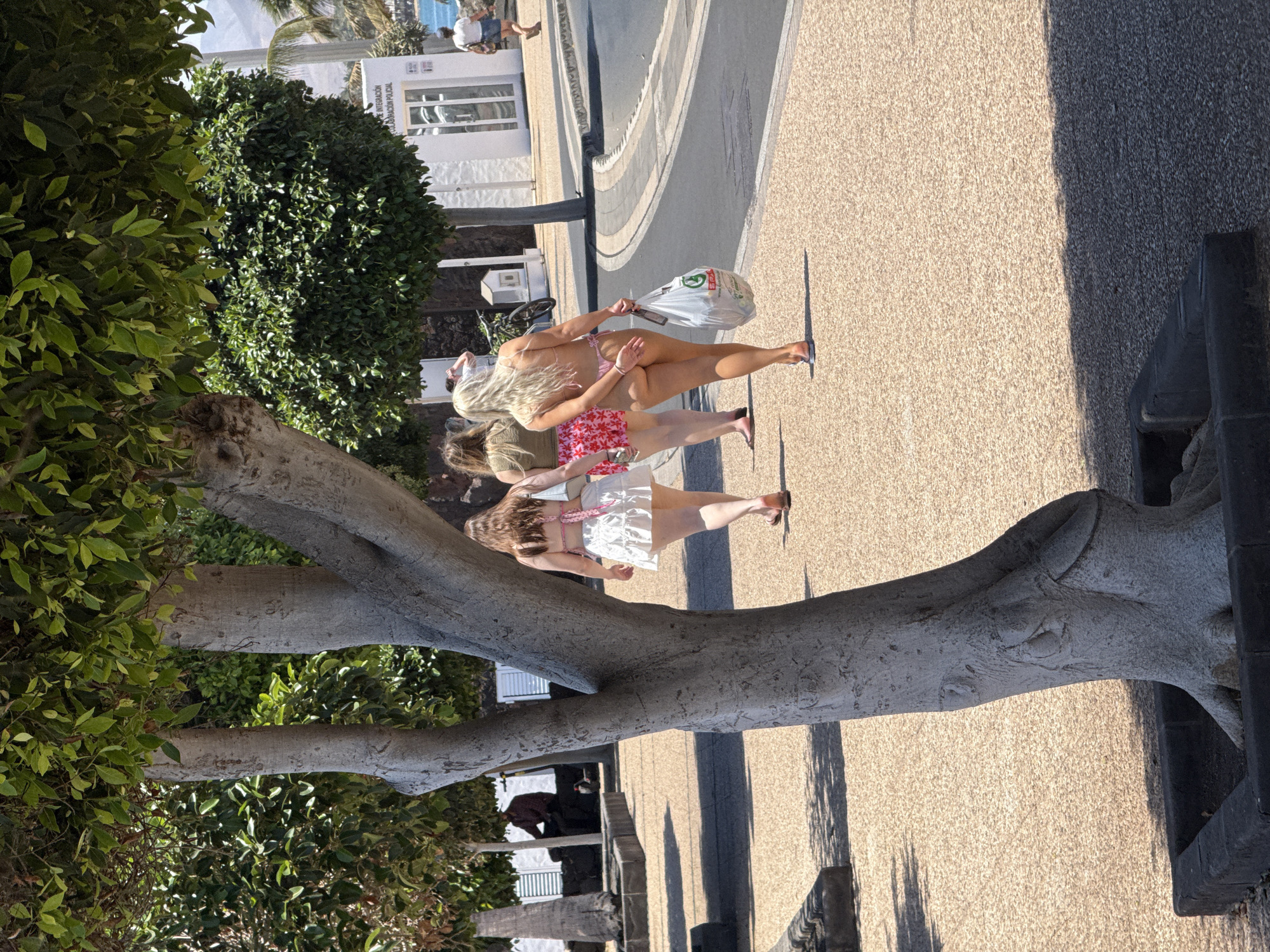 A bright, sunlit outdoor scene in Puerto Del Carmen, Spain, shows three women walking away from the camera on a paved path or sidewalk. The image is taken from a slightly elevated perspective, looking down a street or promenade. A large, light-colored tree trunk dominates the left foreground, with its branches extending across the frame and lush green foliage on either side.
The woman in the lead has long blonde hair and is wearing a pink bikini top and light-colored shorts, carrying a white plastic shopping bag with the red and green "SPAR" logo. The woman behind her has darker hair and is wearing a red and white patterned skirt or shorts. The third woman, partially obscured by the tree, appears to be wearing a white skirt or shorts. They are all casually dressed, suggesting a warm climate.
To the right, a darker paved road or path runs parallel to the walking area, with a slight curb separating them. Bright sunlight casts long shadows from the people and objects, indicating it is likely midday or early afternoon. In the background, white buildings with typical Spanish architecture are visible. One building has text that reads "CENTRO DE INTERACIÓN SOCIAL." Further in the distance, hints of blue sky and possibly the sea can be seen, along with other pedestrians. The overall atmosphere is relaxed and summery.