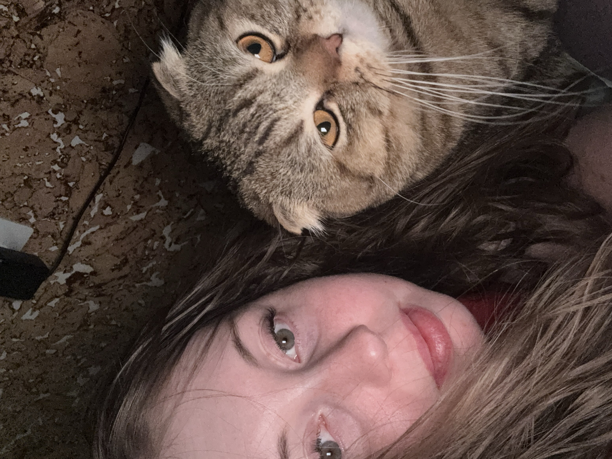 The image shows a selfie taken from a low angle. A fair-skinned person with shoulder-length brown hair lies on their back. Above them, a Scottish Fold cat with amber eyes looks down towards the camera. The background appears to be a cork floor.