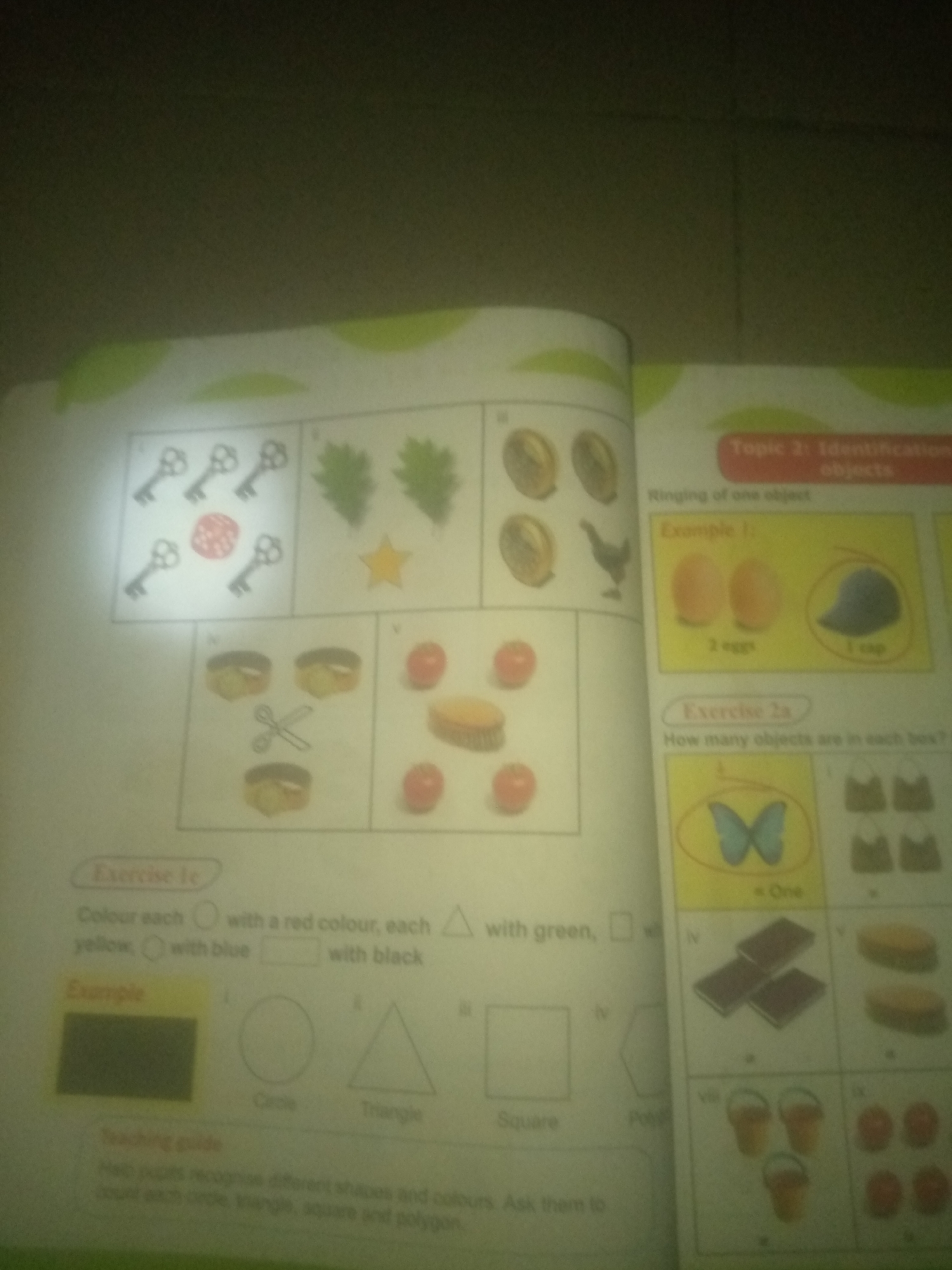 The image displays an open workbook on a flat surface, likely a table. The workbook has a colorful design with green and white elements. The left page features several sections with images of objects like keys, a round object, leaves, a star, cakes, scissors, and apples, along with exercise instructions. The right page has a title "Topic 2: Identification of objects" and includes examples and exercises related to counting objects such as eggs, a cap, a butterfly, books, and buckets. The overall scene is a close-up shot of educational material. There is no information or visual cues in the image that suggest a location in Jauro Yinu, Nigeria.