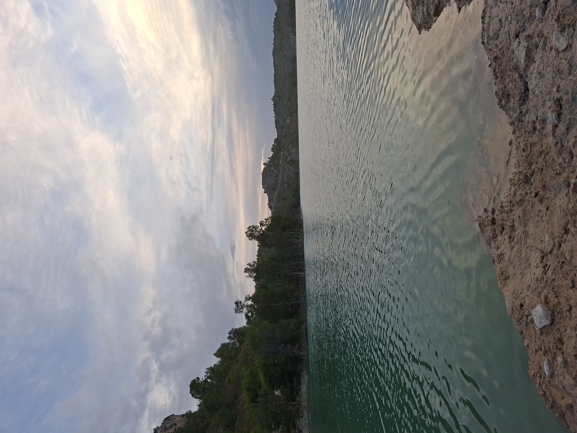 The image depicts a tranquil natural landscape at dusk. A body of water, with a greenish hue, occupies the majority of the frame, its surface rippled by a gentle breeze. The left bank of the water is lined with a dense growth of trees, their foliage a deep green, and behind them, a rocky hillside rises, partially covered with vegetation. The right side of the image shows the water extending towards a distant, rolling landscape of hills, also sparsely vegetated. The sky above is filled with scattered clouds, tinged with the soft colors of sunset, transitioning from pale blue near the horizon to a muted grey and white higher up. In the foreground, the earthy bank of the water is visible, with some scattered rocks and sandy soil. This scene is likely located near the Embalse de la Fuensanta, a reservoir situated in the municipality of Mula, Spain, known for its scenic beauty and natural surroundings. There are no people or specific actions depicted in the image, only a serene natural environment.