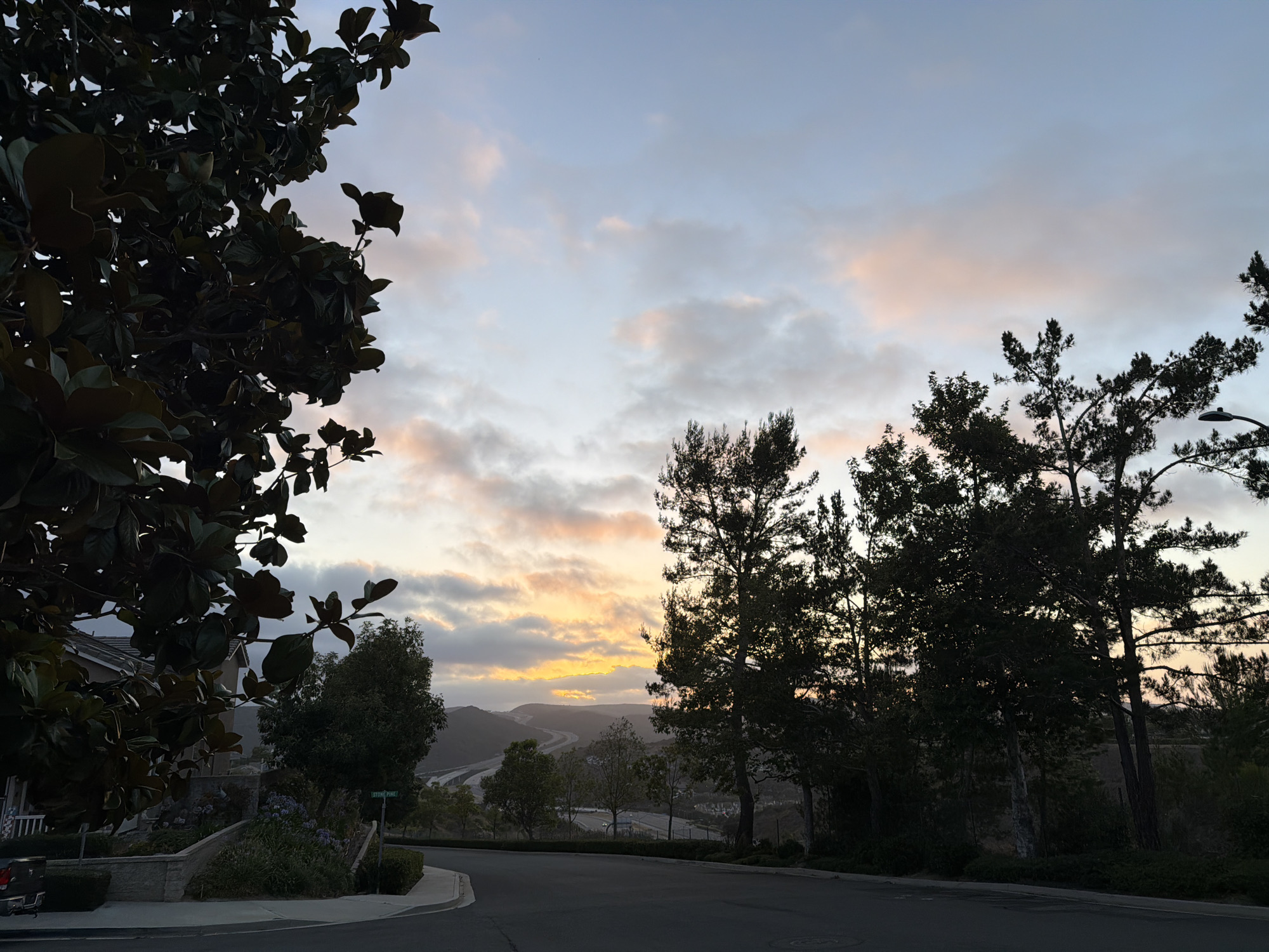 The image depicts a residential street in Aliso Viejo, California, USA, at dusk. A winding road curves to the left, bordered by a landscaped embankment with a "STONE PINE" street sign. Silhouetted trees frame the foreground, with a large magnolia tree on the left and several pine trees on the right. Beyond the trees, a valley unfolds, revealing a highway system and distant hills bathed in the soft light of the setting sun. The sky is a gradient of pale blue and soft pink clouds, indicating the transition from day to night. There are no people or animals visible in the scene.