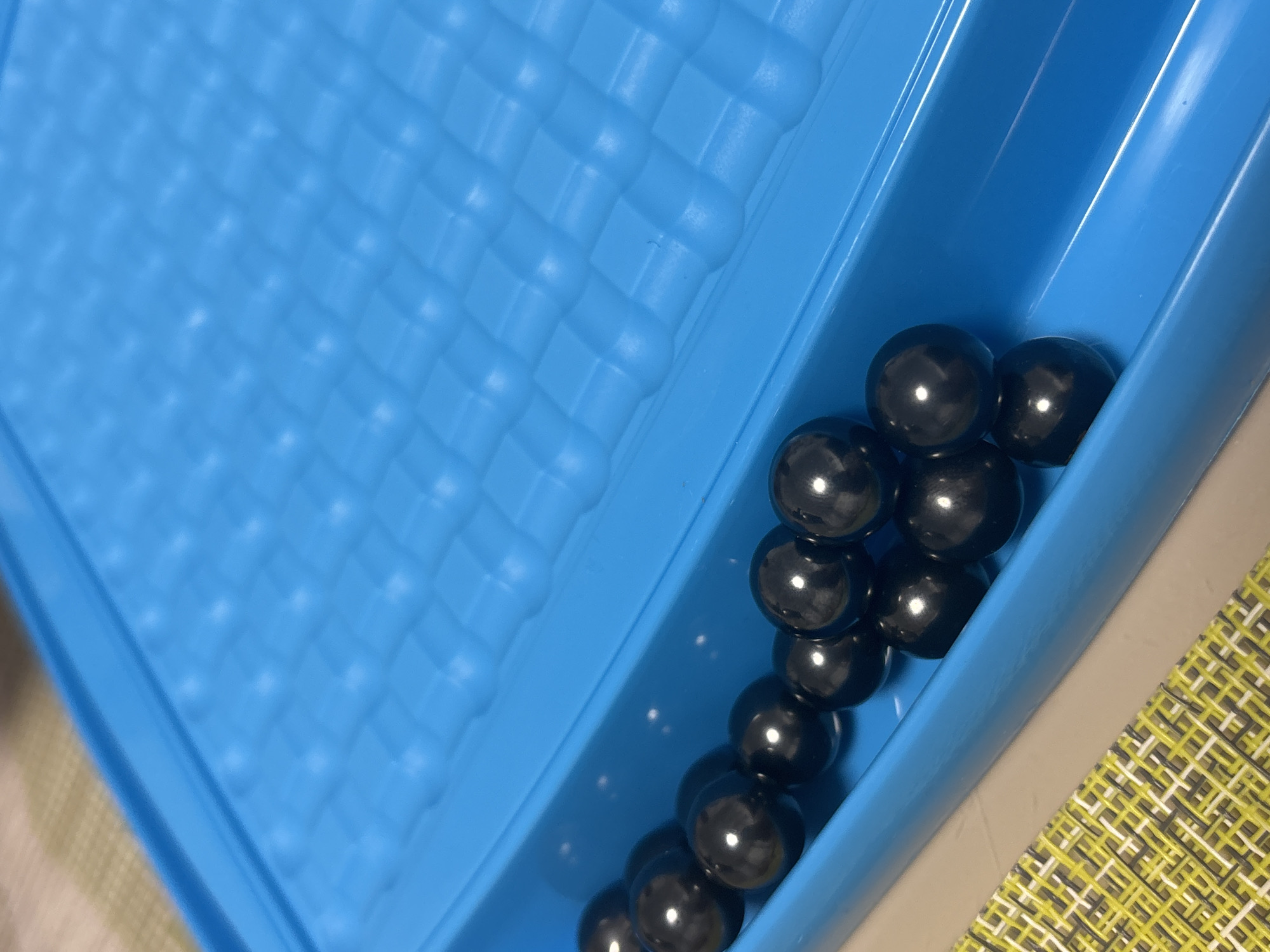 A blue plastic container with a textured base and sloping sides holds a row of black spheres. The container rests on a surface covered with a patterned cloth. The scene appears indoors. There is no evidence to determine if this photo was taken in Prikamskii, Russia.
