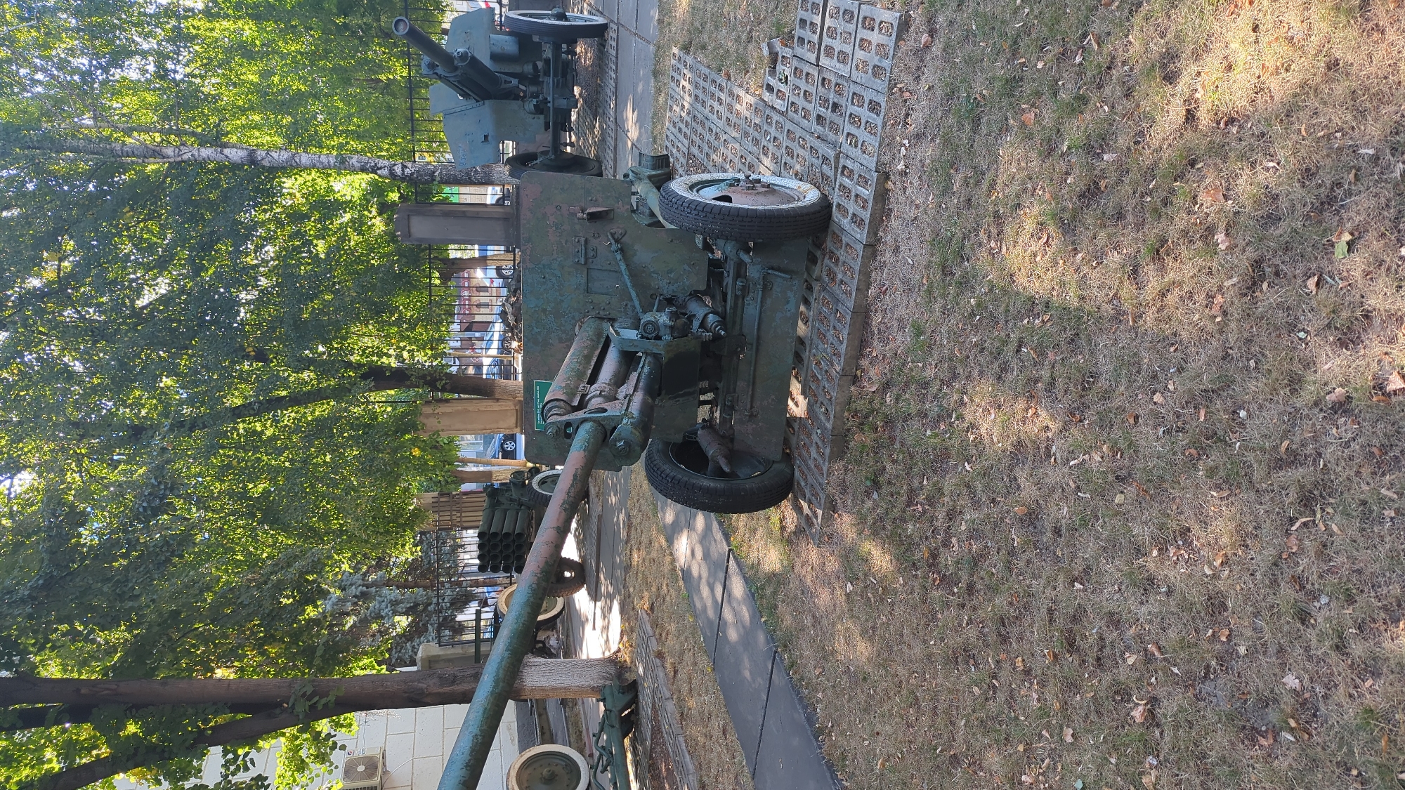 The image shows two military cannons, likely museum pieces, displayed outdoors. The foreground features a green cannon with a long barrel, supported by two wheels. The cannon is positioned on a concrete slab laid over dry grass. In the background, another green cannon is visible, also on display. Trees with lush green foliage line the area, casting shadows. The scene appears to be set in an urban environment, possibly a park or a memorial site, given the presence of a building with an air conditioning unit on the left side of the frame and a fence in the background behind the cannons, with cars visible beyond it. The overall impression is one of a historical display in a well-maintained outdoor setting. The image does not provide explicit clues to identify the exact location within Chișinău, Moldova, beyond it being an outdoor exhibition space in the city.