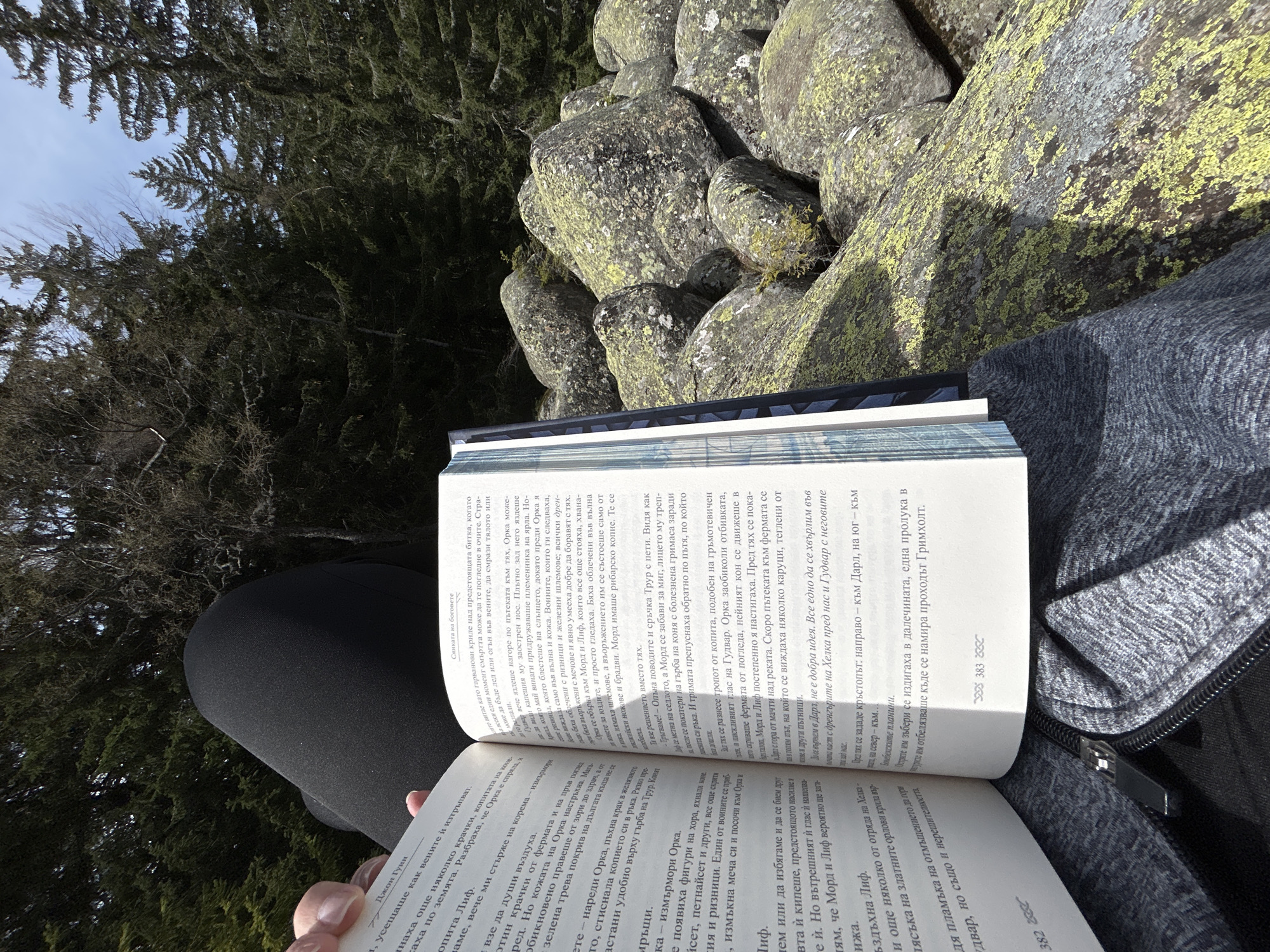 Here is a description of the image:
The image shows a person reading a book outdoors. The book is open, and the text on the page is visible. The person is sitting on what appears to be rocks covered in yellow lichens. In the background, there is a mix of greenery and rock formations. The sky is visible above the trees. The person is wearing dark clothing.