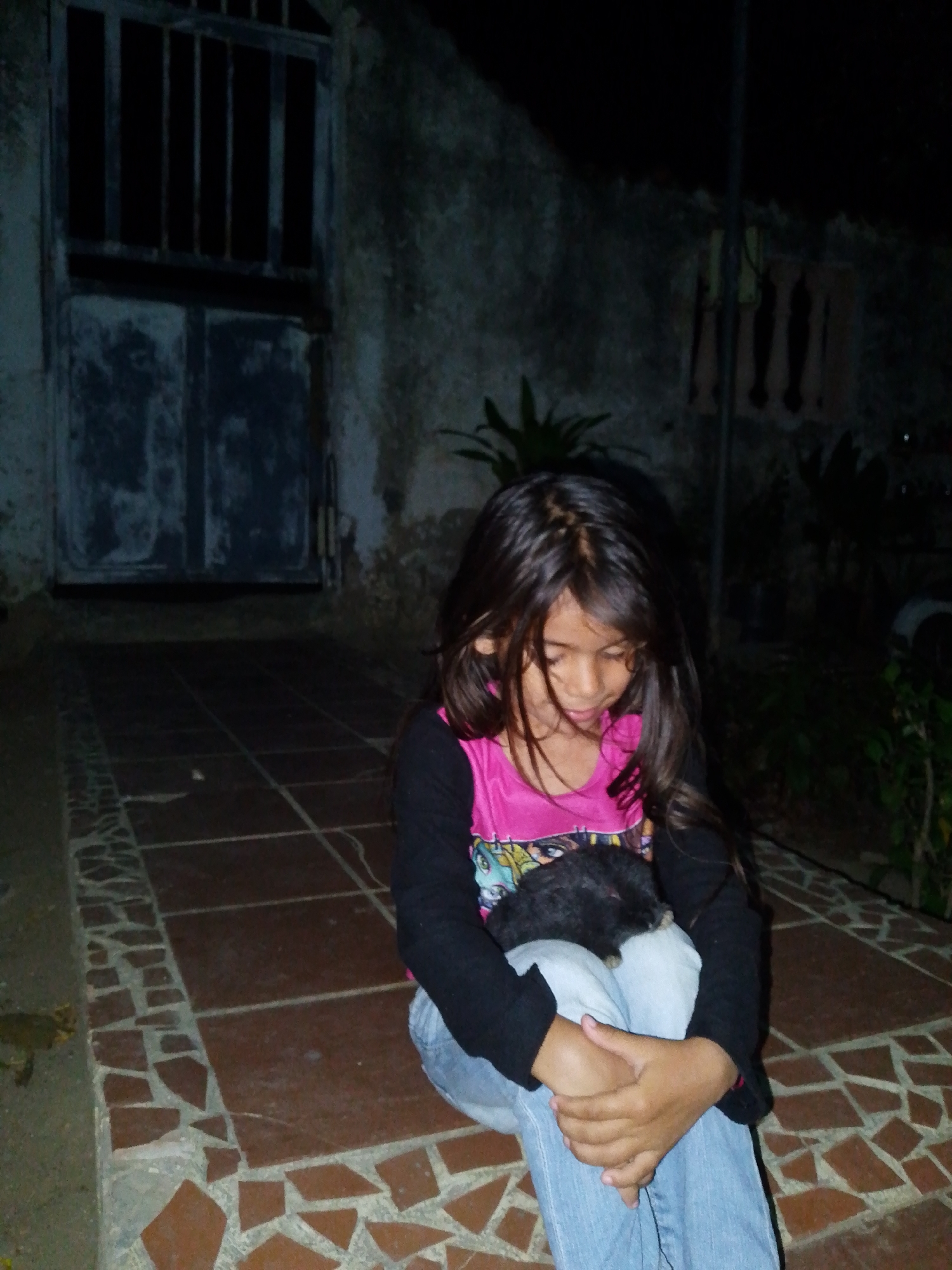 A young girl with long, dark hair sits on a tiled patio in front of a building. She is wearing a pink shirt with a black long-sleeved top and light blue jeans. She is holding a small, dark-colored animal in her lap. The patio is composed of large square tiles surrounded by smaller, irregularly shaped tiles. Behind her is a building with a dark-colored door with vertical bars. To the right, vegetation and a dark wall are visible. The scene appears to be dimly lit. Location: Juan Griego, Venezuela.