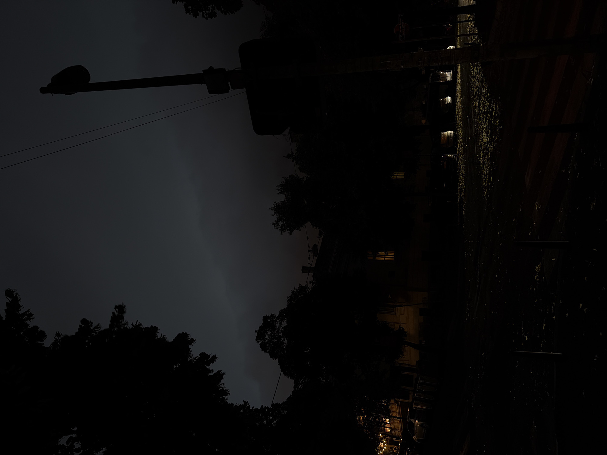 The image depicts a street scene at dusk or night in Belgrade, Serbia, characterized by low light conditions and deep shadows. A prominent street light is visible on the right side of the frame, silhouetted against a dark, cloudy sky. Trees with dense foliage are scattered throughout the scene, also appearing as dark masses. In the background, buildings with illuminated windows suggest activity within. The street surface is dimly lit, with scattered bright spots that could be reflections or fallen leaves illuminated by artificial light. A few vehicles are partially visible, with their headlights on. The overall atmosphere is somber and quiet, typical of a city street after dark.