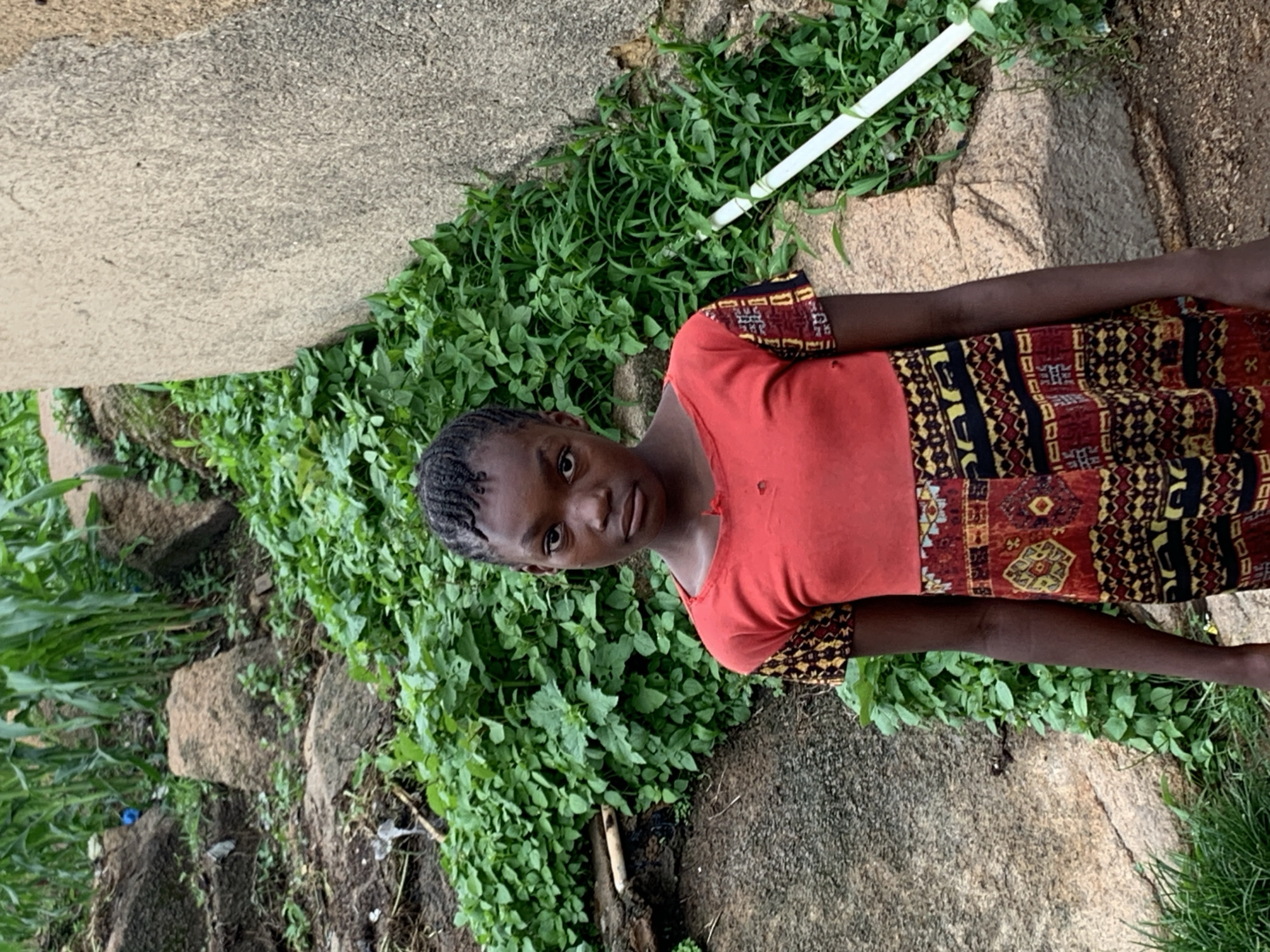 A young girl with braided dark hair stands in front of a large, light-colored rock formation partially covered in green foliage. She is wearing a red short-sleeved top with decorative trim on the sleeves and a patterned skirt in red, yellow, and black. The background includes more rocks, dense green vegetation, and a few stalks of corn. The ground appears to be a mix of dirt and rocks. The scene is set in a natural or semi-natural outdoor environment, possibly on the outskirts of Jos, Nigeria, where such rocky terrain and vegetation are common. There is a white pipe running diagonally through the right side of the image, partially obscured by plants.