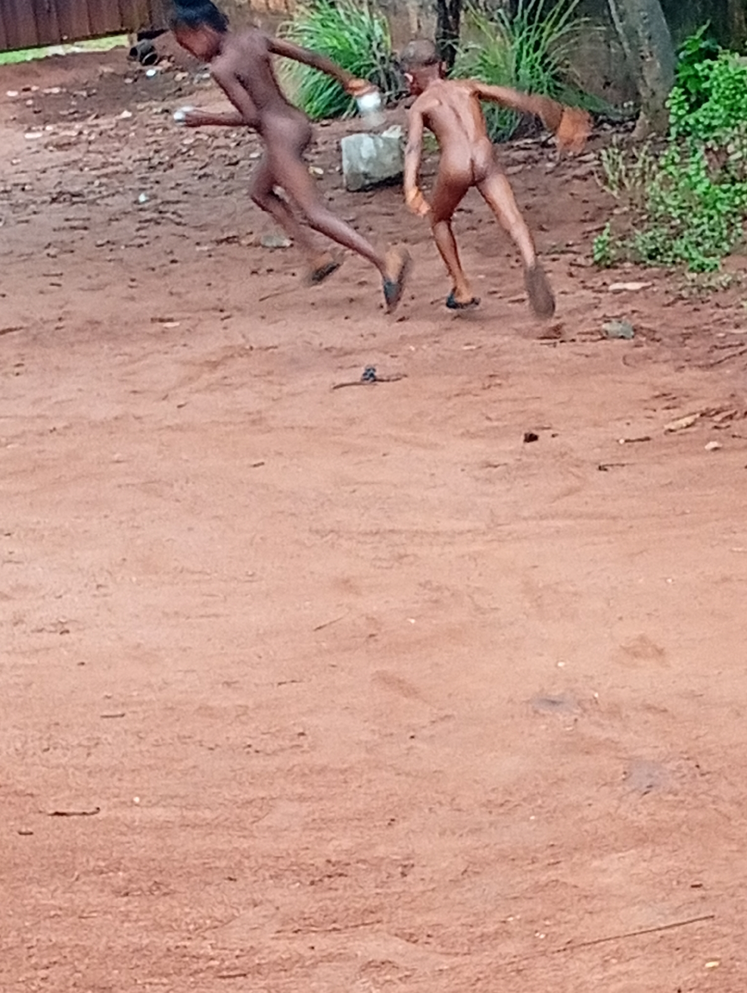 Two naked children run across a reddish-brown dirt yard. The location is indicated by the presence of African vegetation and reddish-brown soil typical of the area around Ogidi, Nigeria. The child in the foreground is carrying a white object in their right hand. A blurred fence and green foliage are visible in the background.