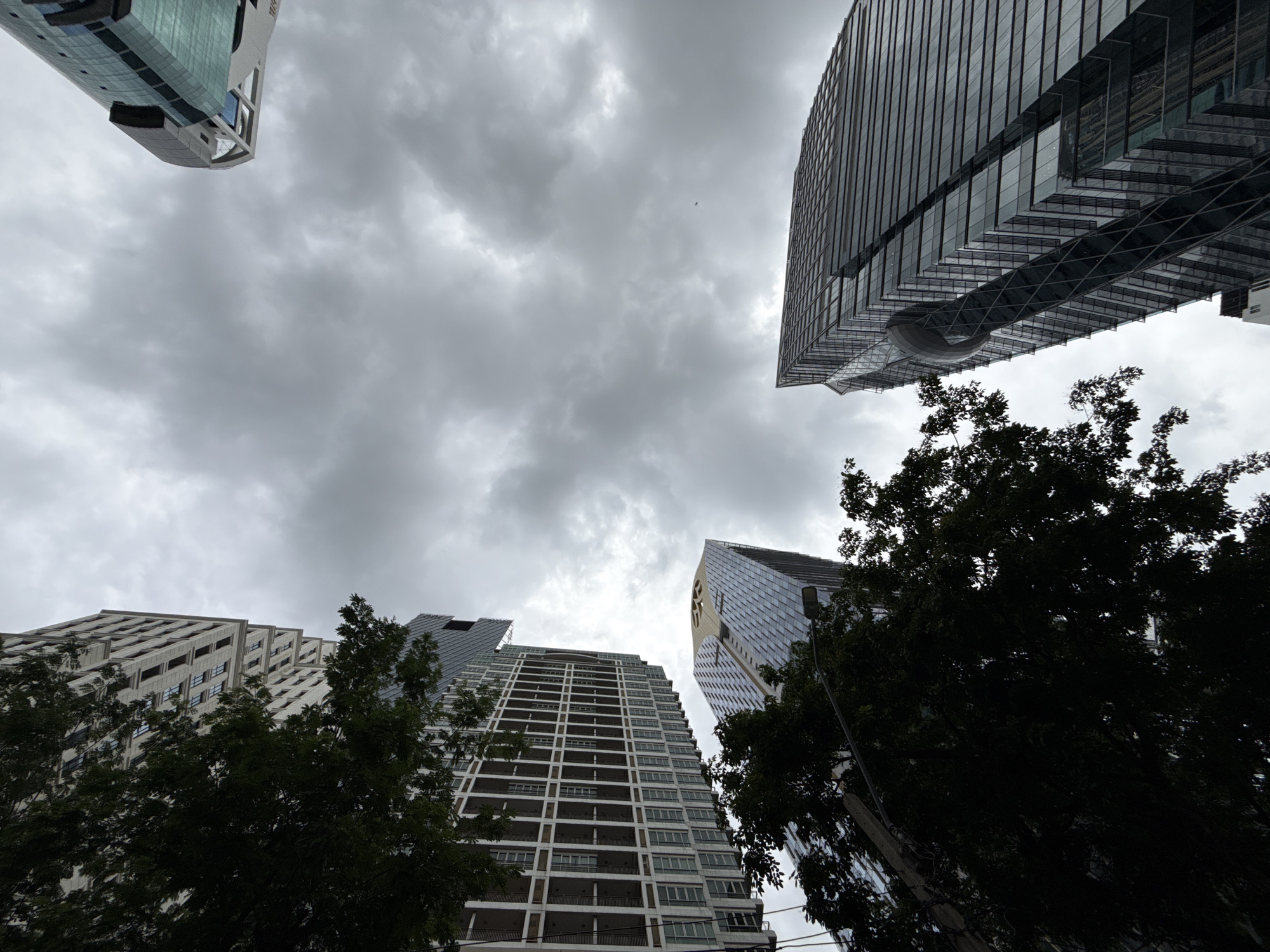 An upward-looking, full shot captures several modern skyscrapers against a cloudy sky, situated in the city of Bangkok, Thailand. In the foreground, dark green foliage from trees partially obscures the view of two buildings. The building on the left features a light-colored facade with repeating horizontal rows of windows and balconies, creating a textured appearance. To its right, another skyscraper displays a sleek, glass-covered exterior with a unique, curved architectural element protruding from its side. Towards the upper right of the frame, a third building exhibits a distinctive angular design with extensive glass paneling and a dark, modern top section. The sky is filled with heavy, gray clouds, suggesting an overcast or potentially rainy day. A single streetlamp is visible in the mid-ground, attached to a pole that is partially obscured by trees. There are no people visible in the image.